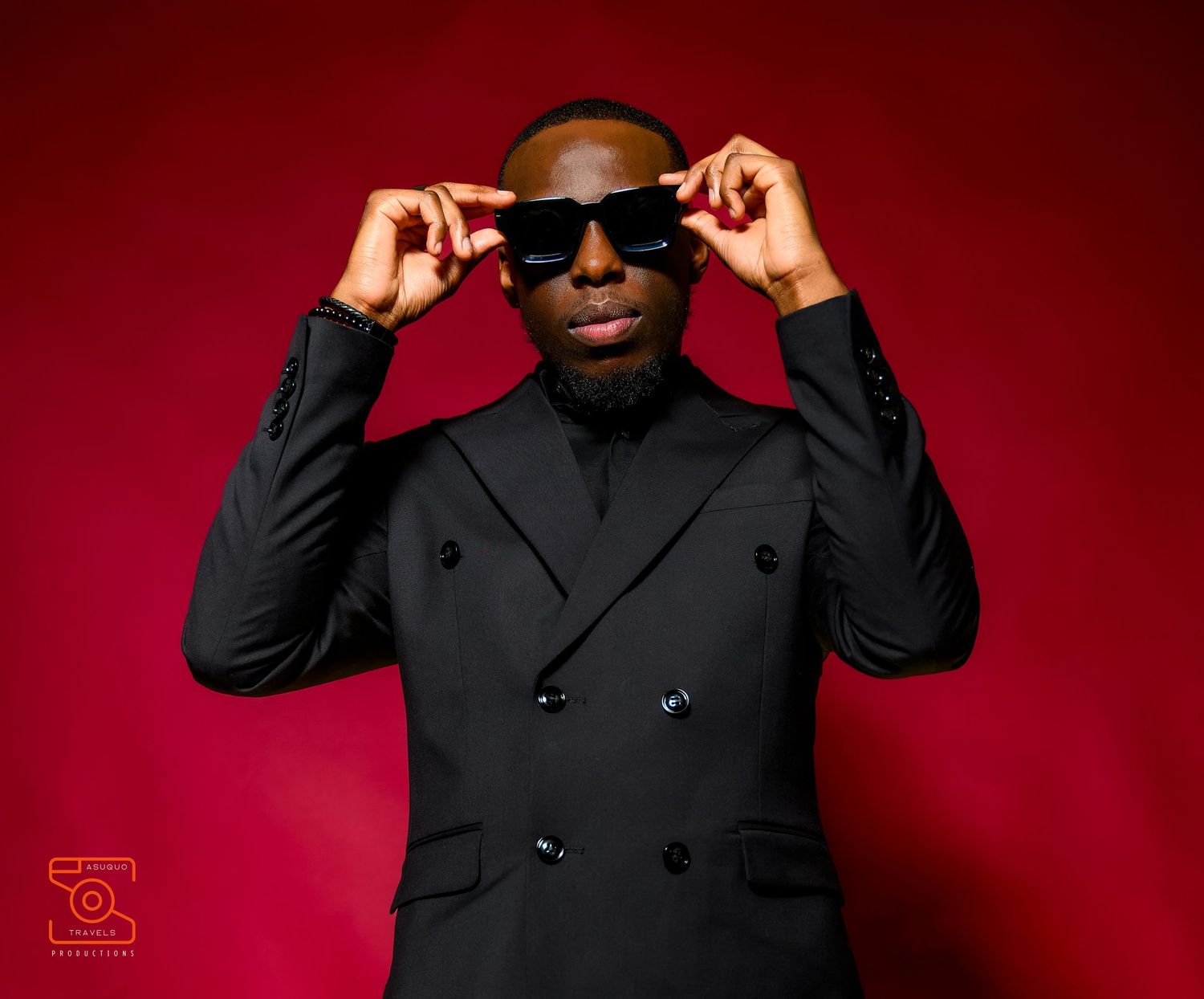 Person wearing a black suit jacket and sunglasses poses against a red background in a sequence of images.