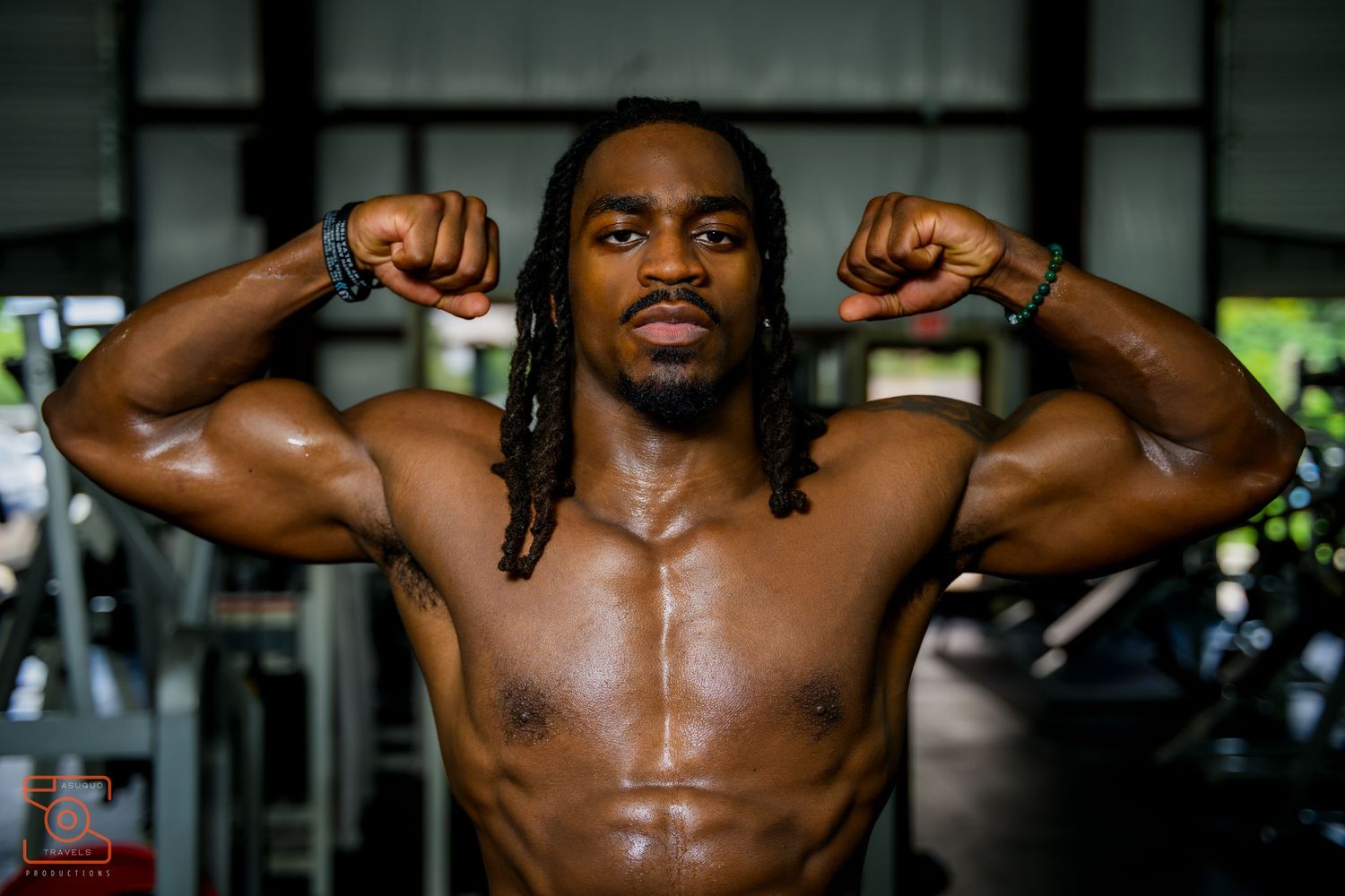 Shirtless muscular figure strikes multiple poses flexing and showing off physique in gym workout photo collage.