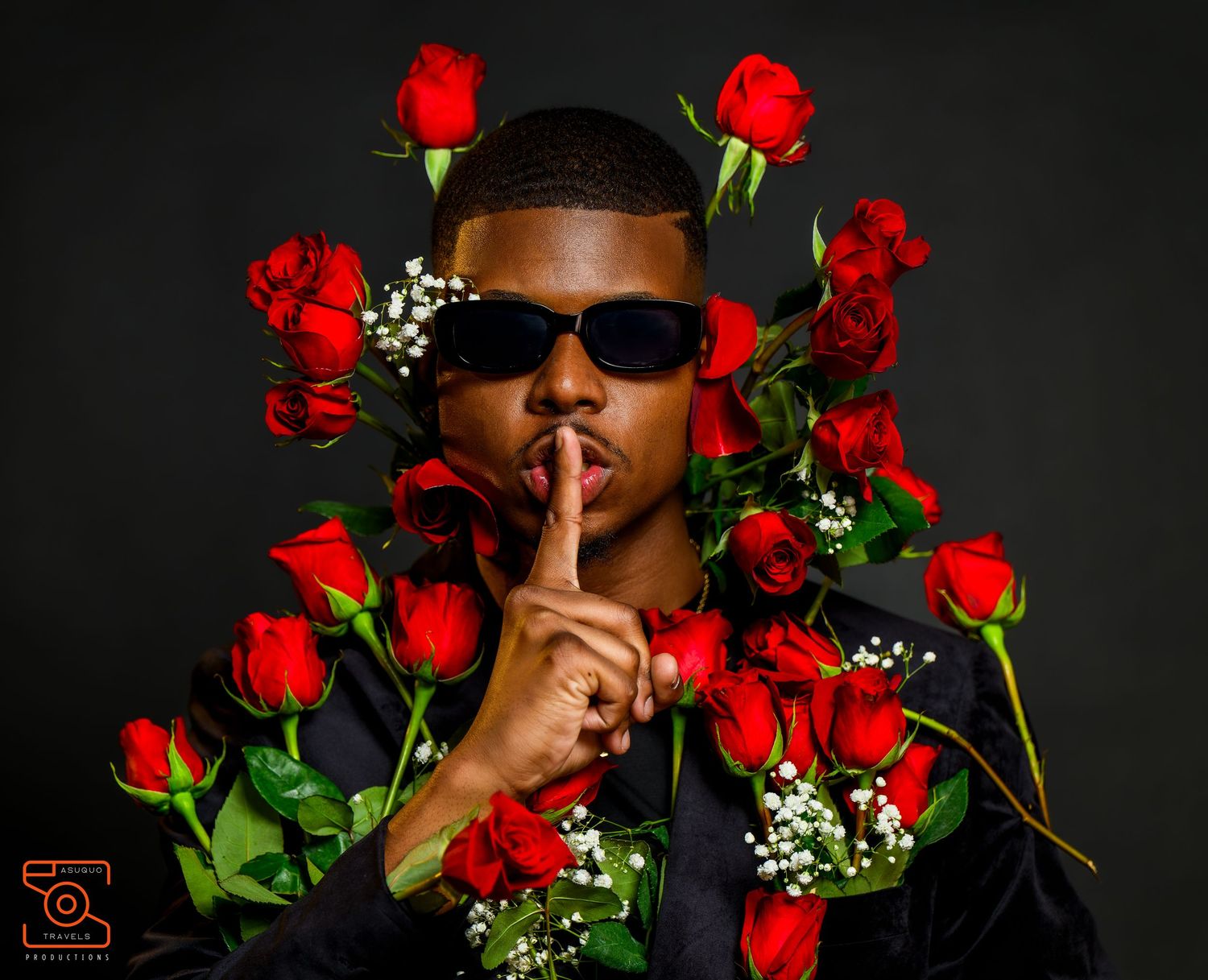 Artistic photo series featuring bright red roses against a dark background with dramatic lighting.
