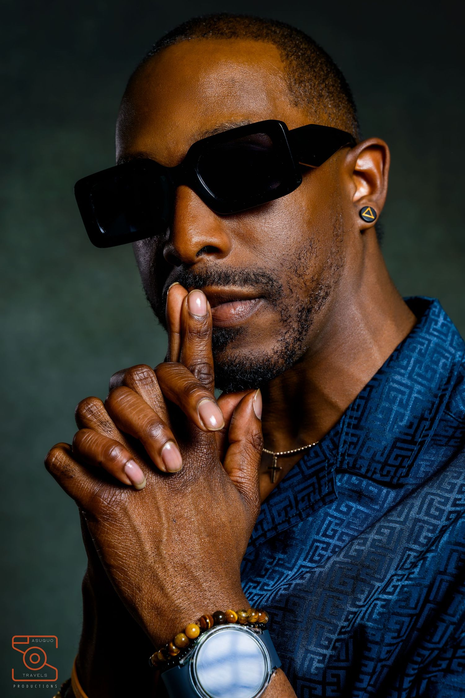 Close-up portrait series showing expressive hand gestures against dark background.