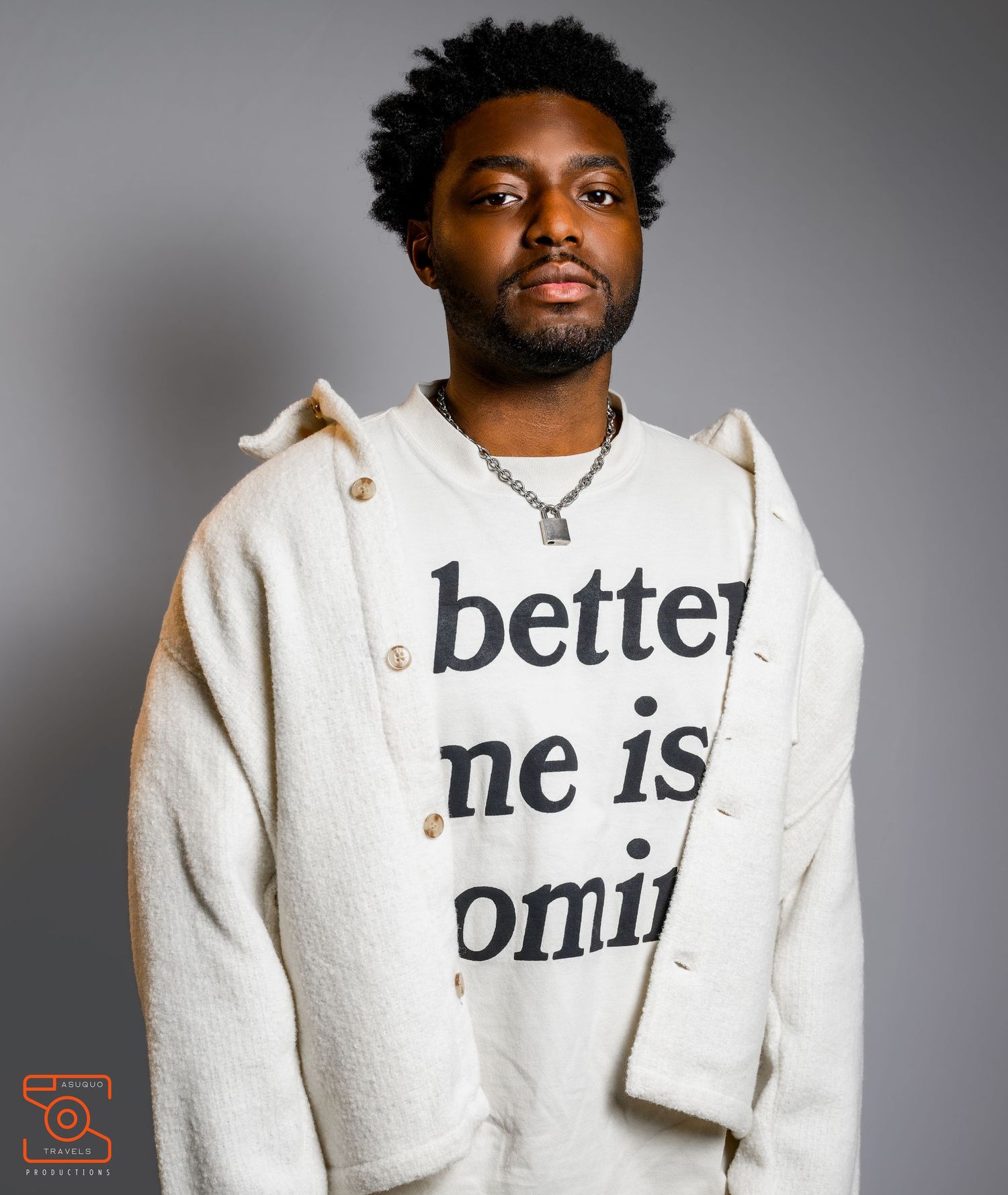 Portrait series showing someone wearing a white jacket with text against a gray background.