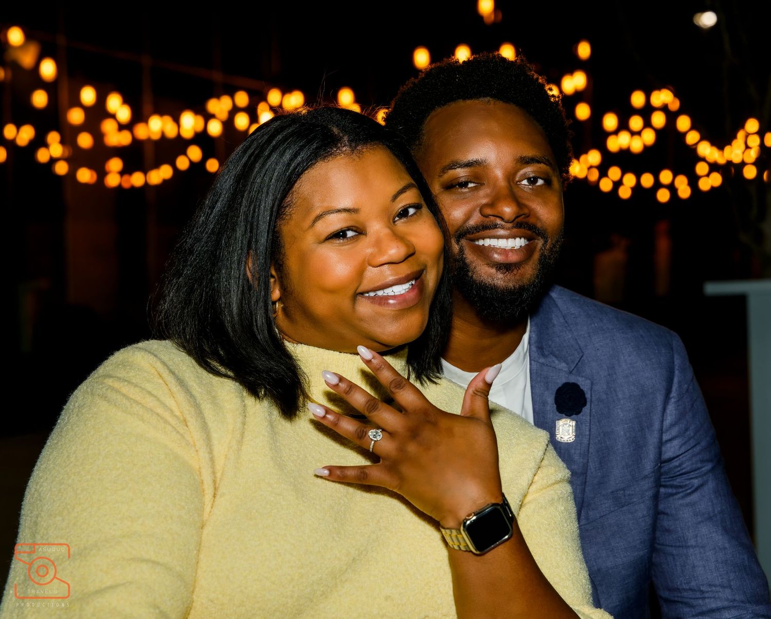 Six sequential photos show a tender candid proposal moment under warm twinkle lights with joyful reactions.