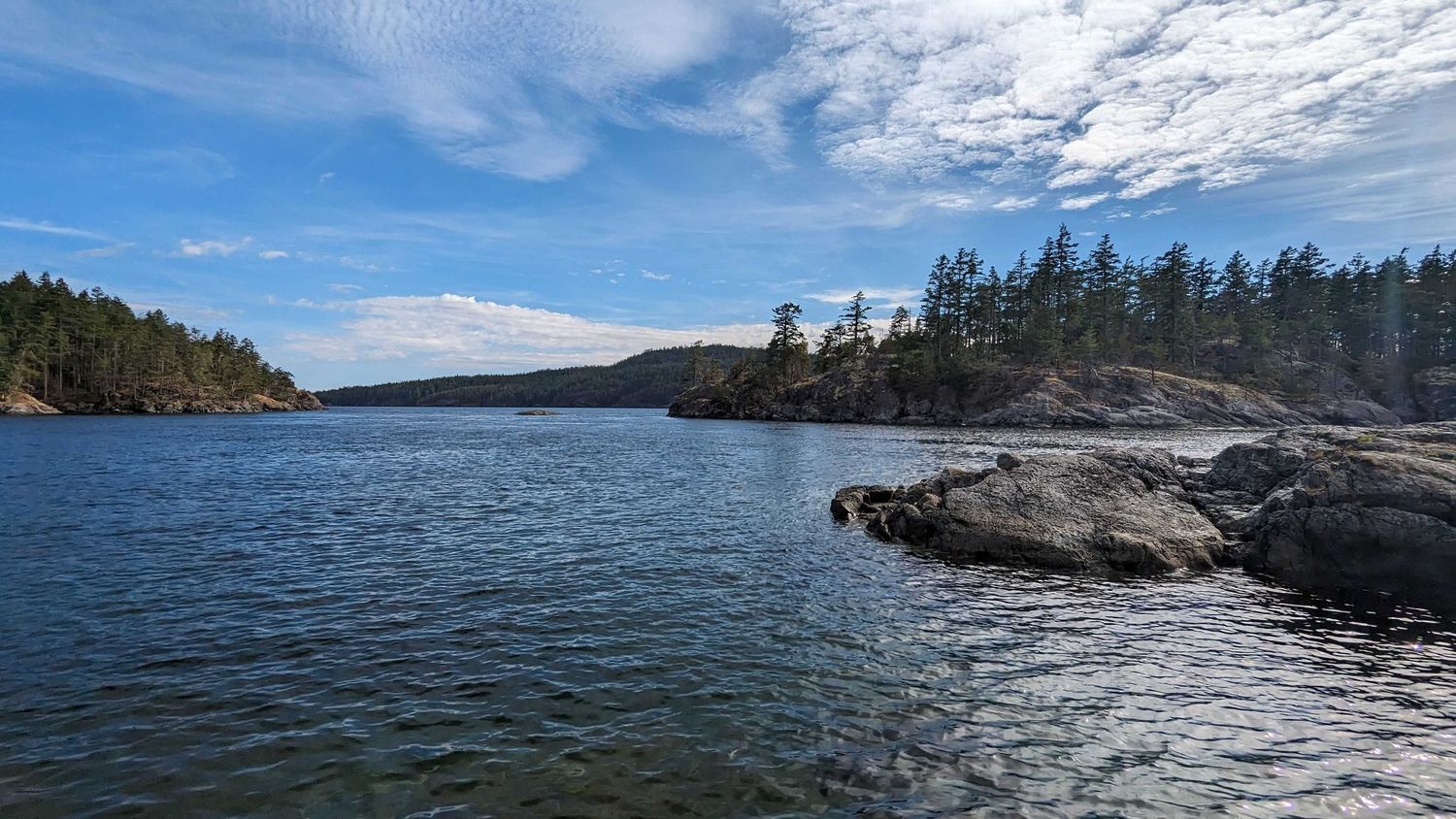 Rocky shoreline with calm blue waters, evergreen trees, and a partly cloudy sky in a serene coastal wilderness setting.