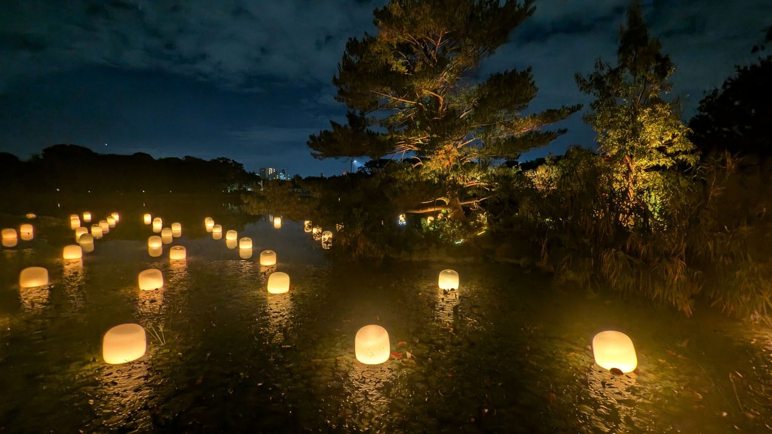 Illuminated paper lanterns create a magical nighttime garden scene with glowing orbs scattered among trees and grass.