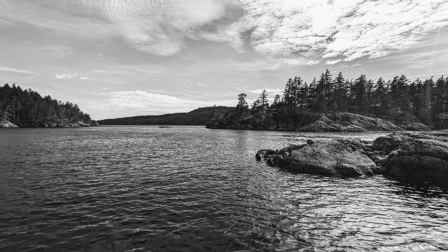 Monochromatic panoramic view of coastal mountains and water in high contrast.