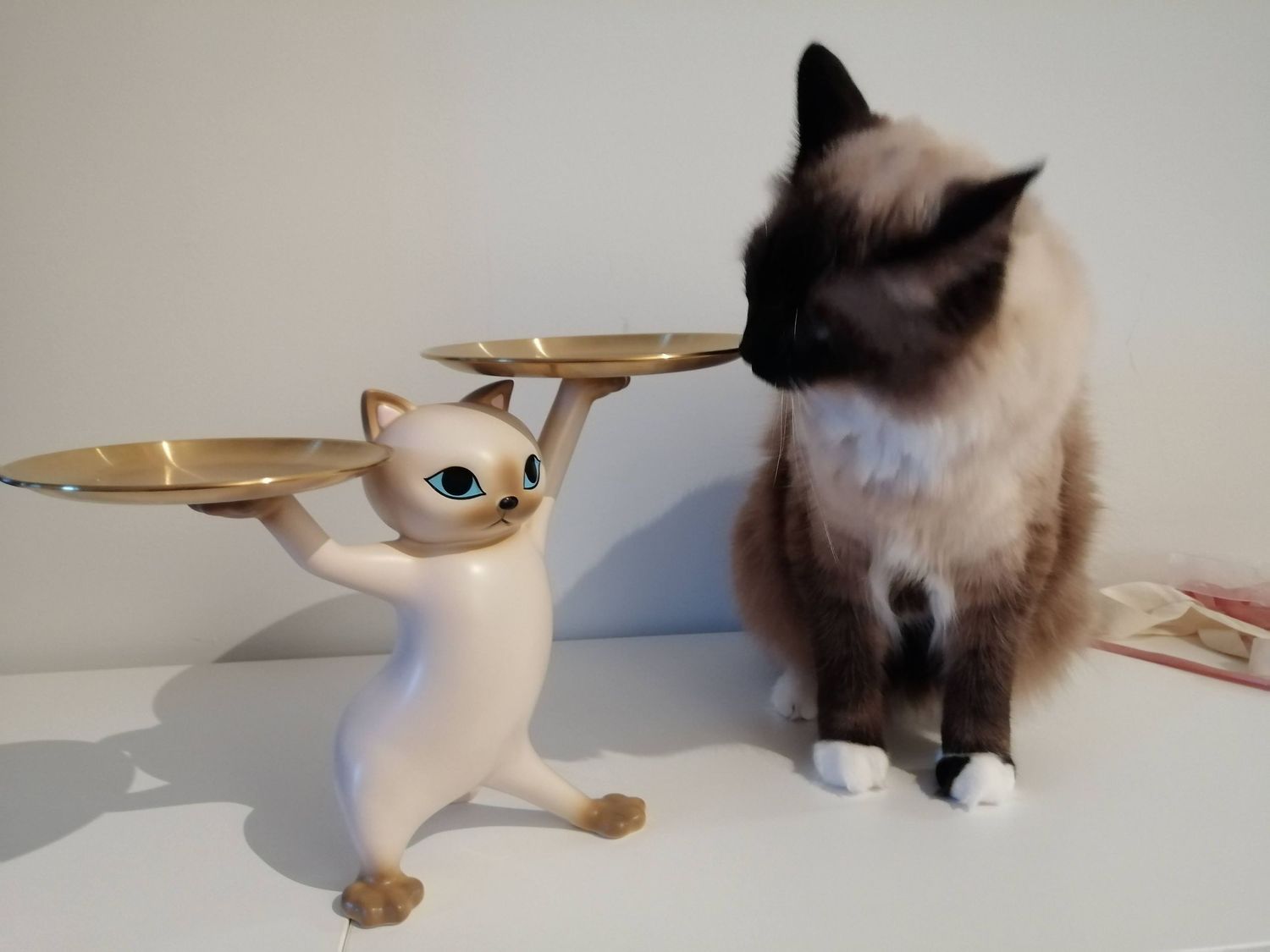 A Siamese cat sits next to a whimsical ceramic or figurine cat in a playful dance pose.