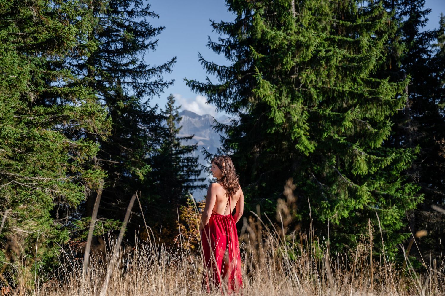 Frau in rotem Kleid steht im hohen Gras vor Tannen und Blick auf die Berge – sinnliches Porträt in der Natur rund um Thun.