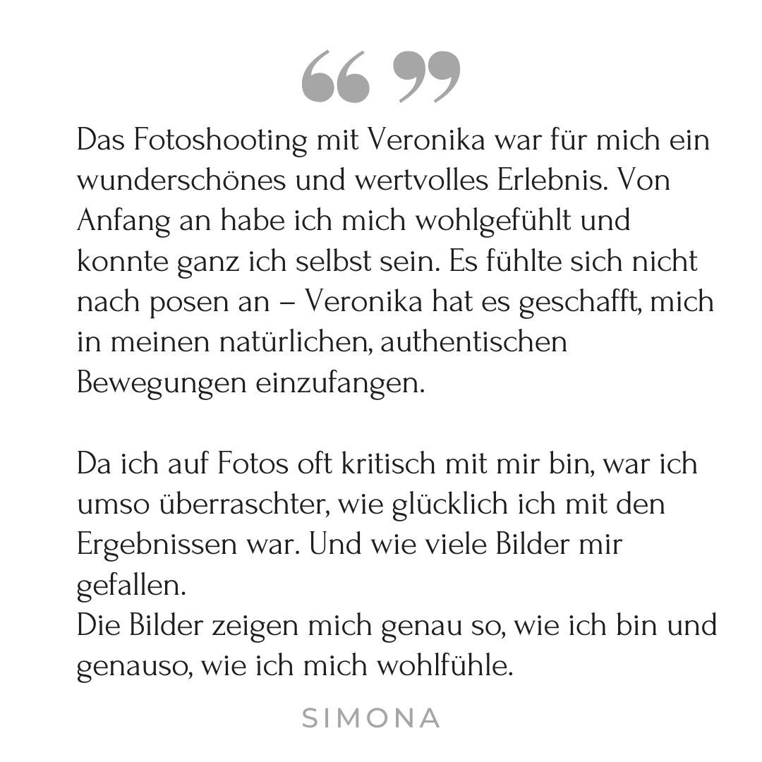 A testimonial quote block in grey showing German text feedback about a photography session.