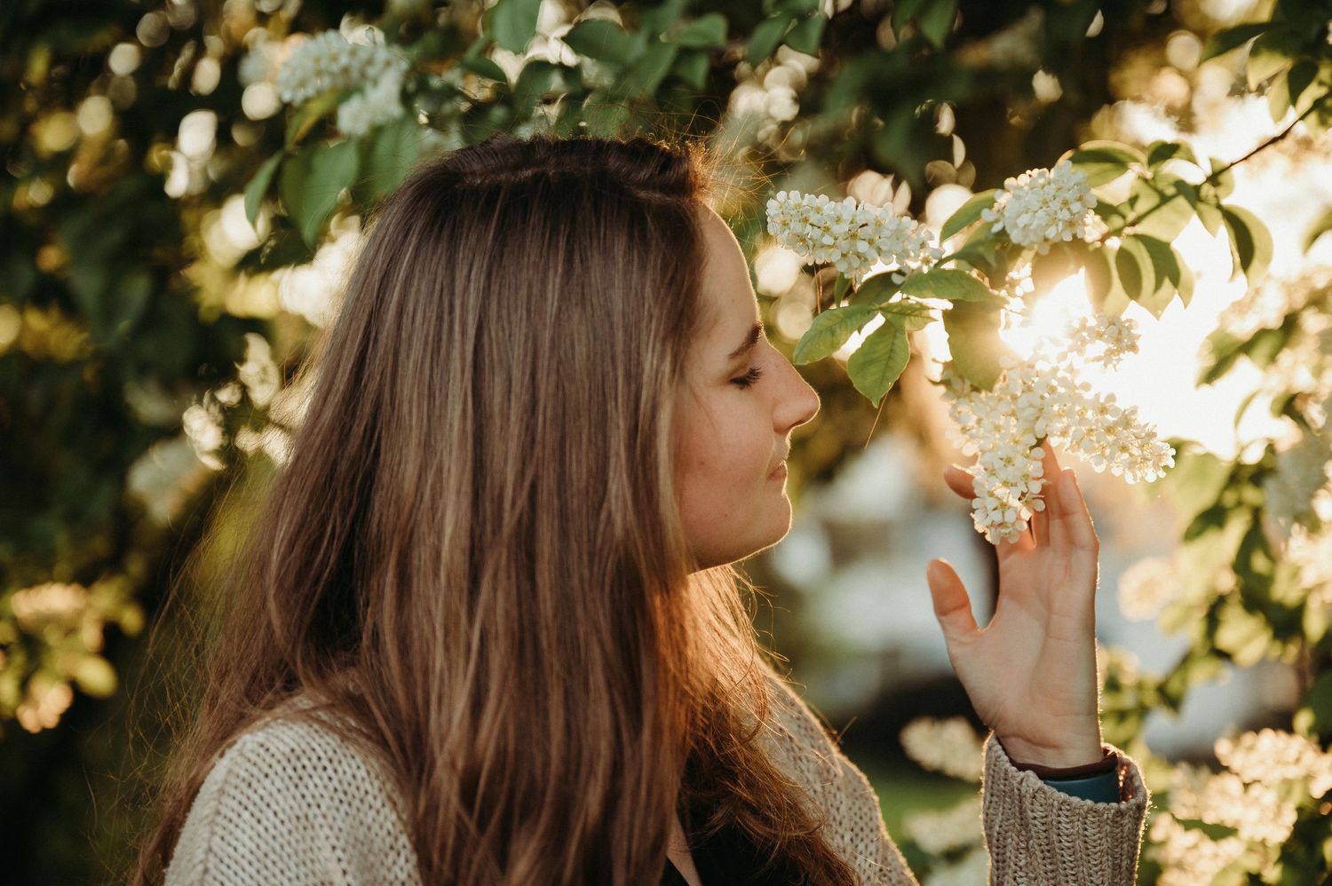 Frau geniesst den Duft weißer Blüten im warmen Abendlicht – natürliches Portrait in Thun mit sanfter, verträumter Stimmung im Frühling.