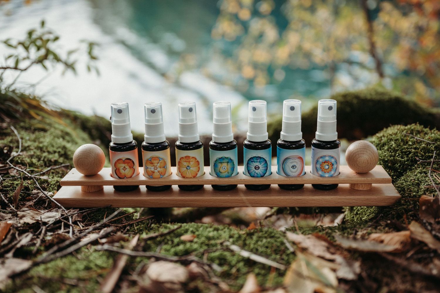 Auswahl bunter Essenzen auf dem Waldboden – Symbolbild für kinesiologische Arbeit mit Farben, Energie und Intuition