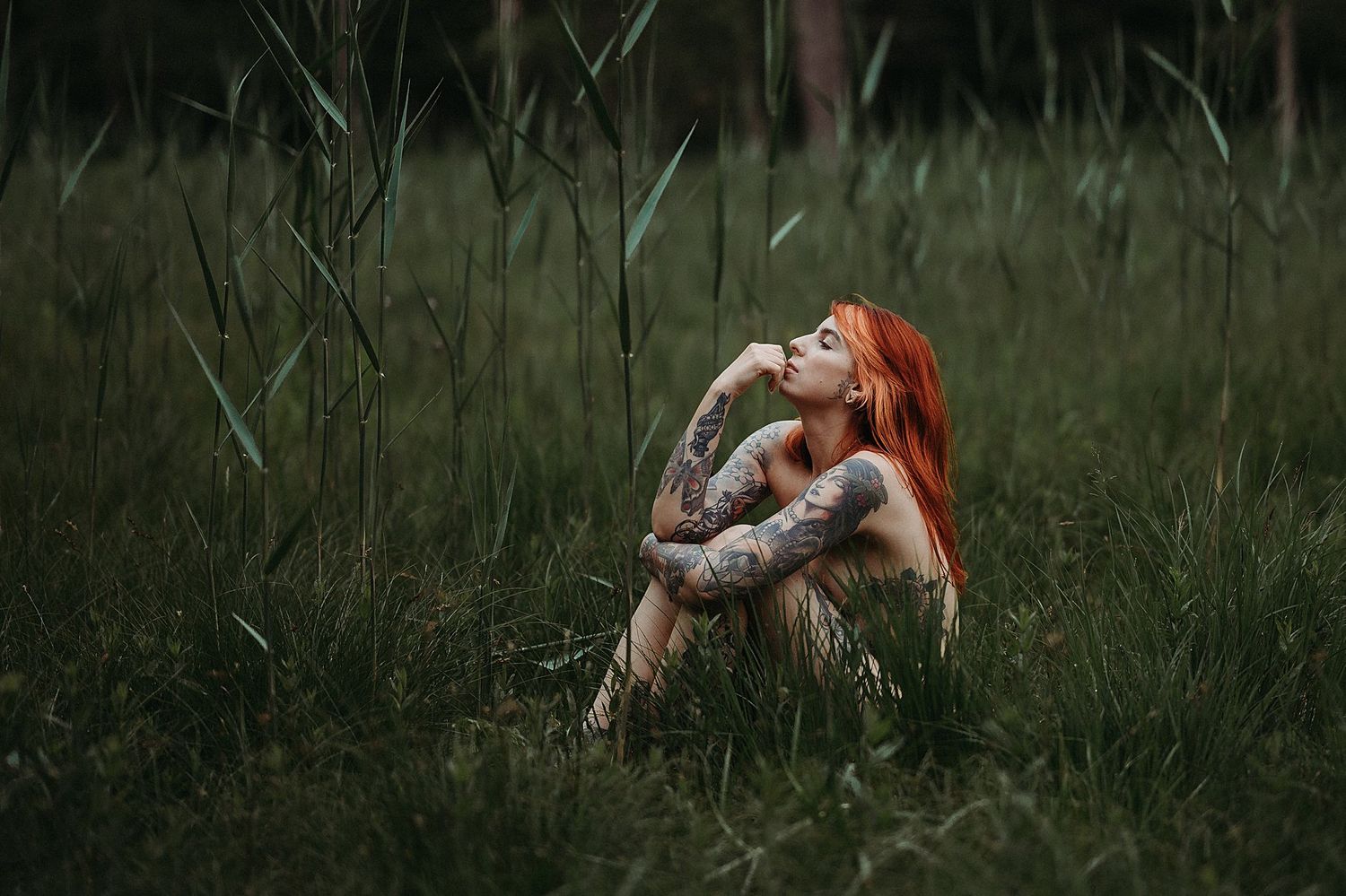 A figure with vibrant red hair sits thoughtfully in tall grass during golden hour.
