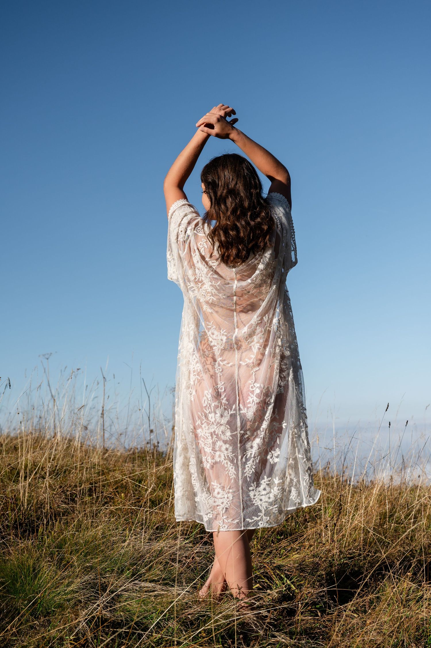 Frau im transparenten Spitzenkleid steht barfuss im Gras mit erhobenen Armen, Rücken zur Kamera, vor blauem Himmel – Boudoir-Stimmung.