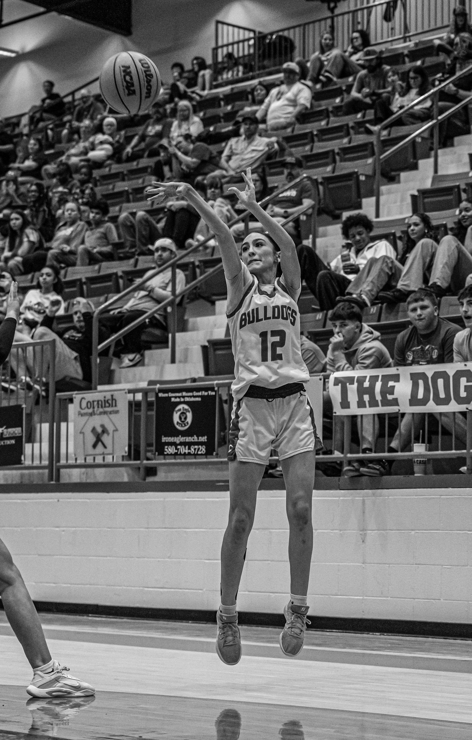 Bulldogs number 12 player jumps to shoot basketball in black and white arena game photo.