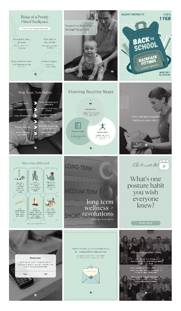 Collection of teal and gray social media posts about wellness, back to school, and morning routines.
