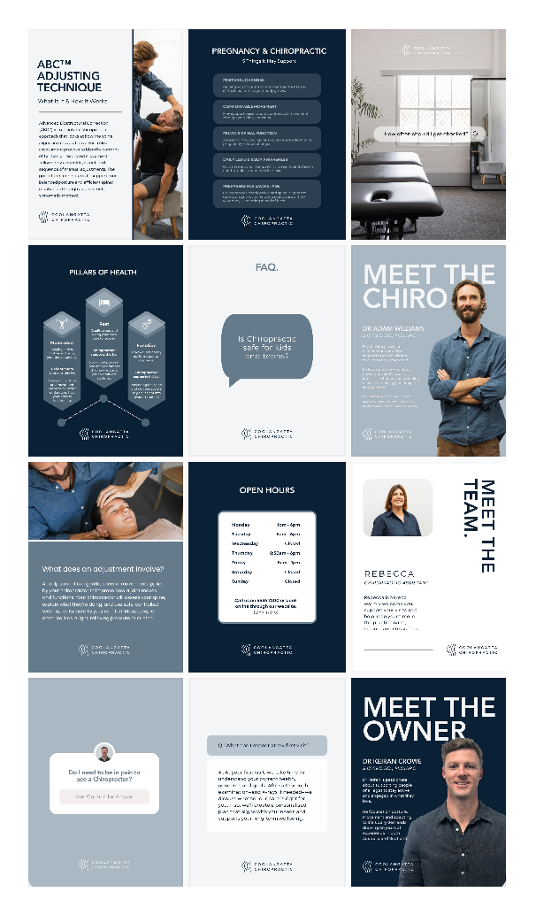 Professional blue-toned social media template set for chiropractic or medical services.