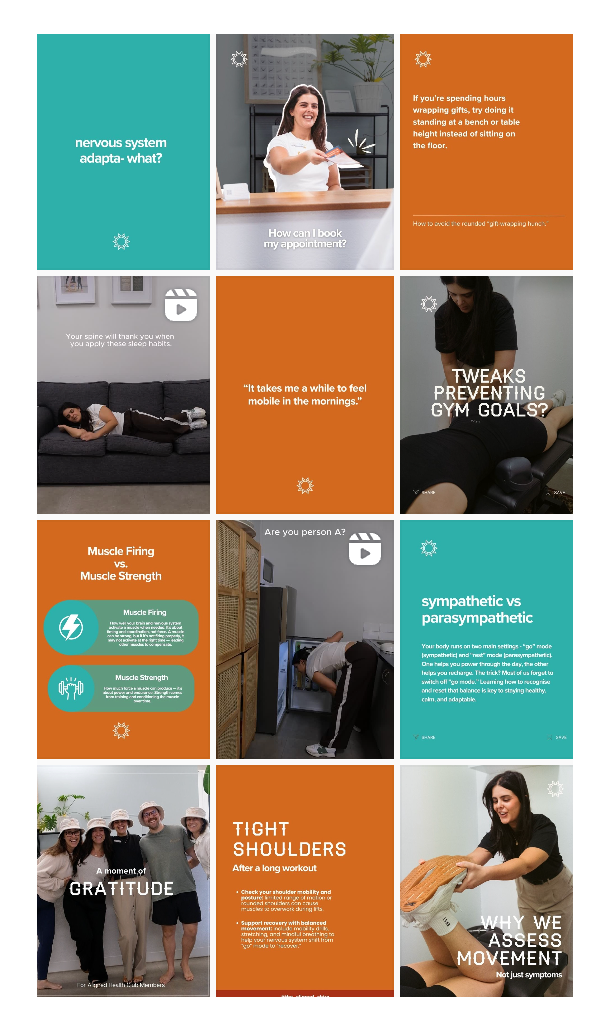 Orange and teal social media grid showcasing fitness and gym-related chiropractic content.