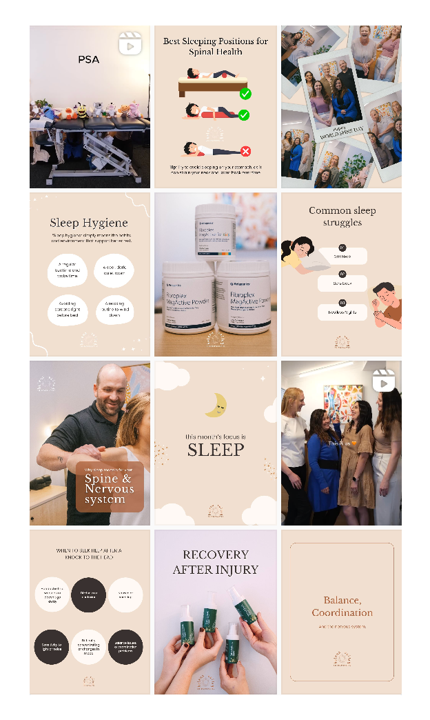 Social media template collection with beige tones focusing on sleep hygiene and recovery tips for a chiropractic clinic.