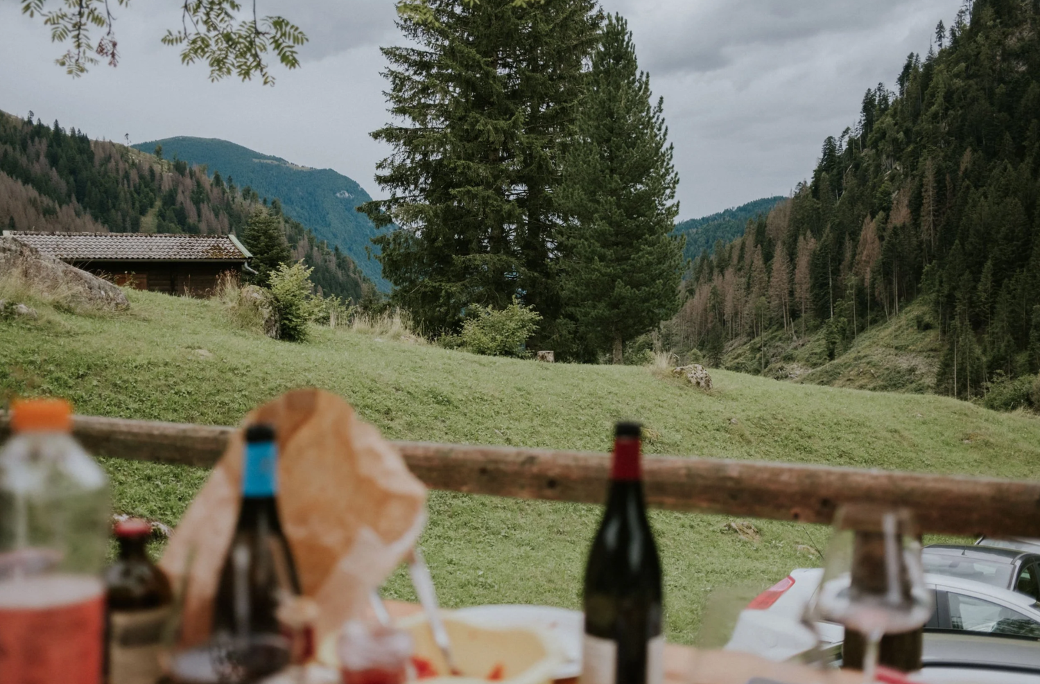 Mountain landscape with bottles and picnic items on wooden railing in foreground.