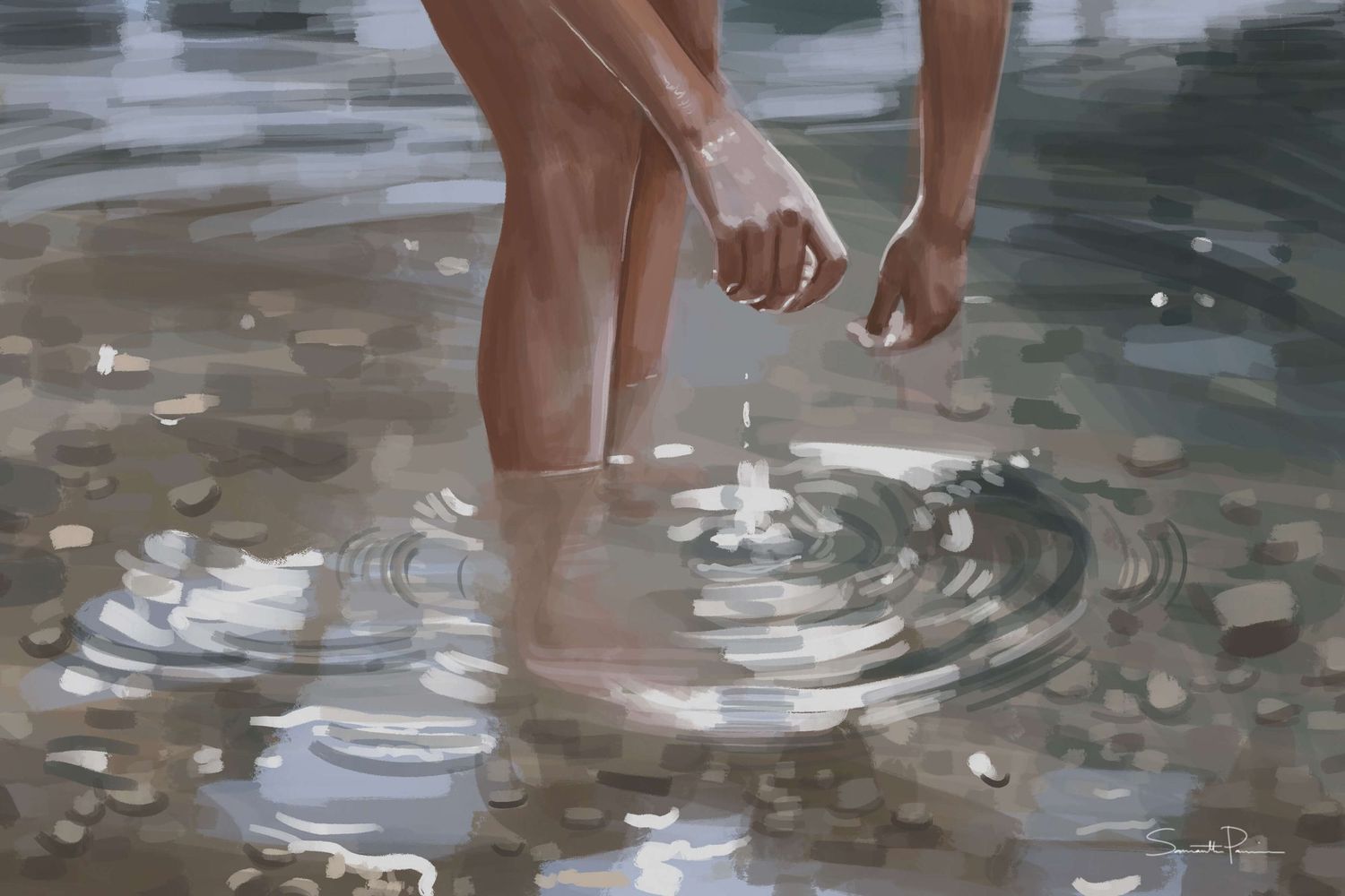 Bare feet making ripples while walking through shallow clear water with sunlight reflecting on the surface.