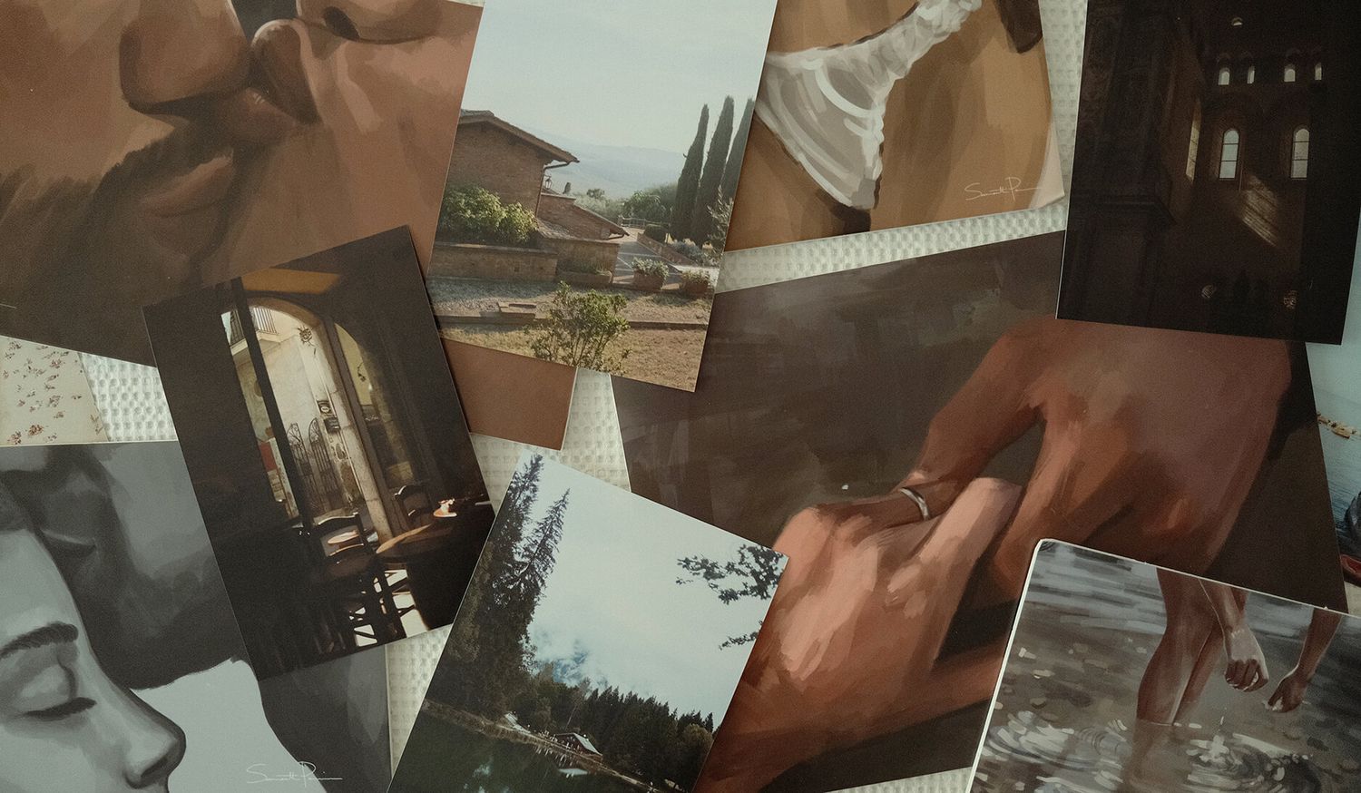 A series of vintage-style polaroid photographs arranged in a collage layout shows various candid moments and memories.