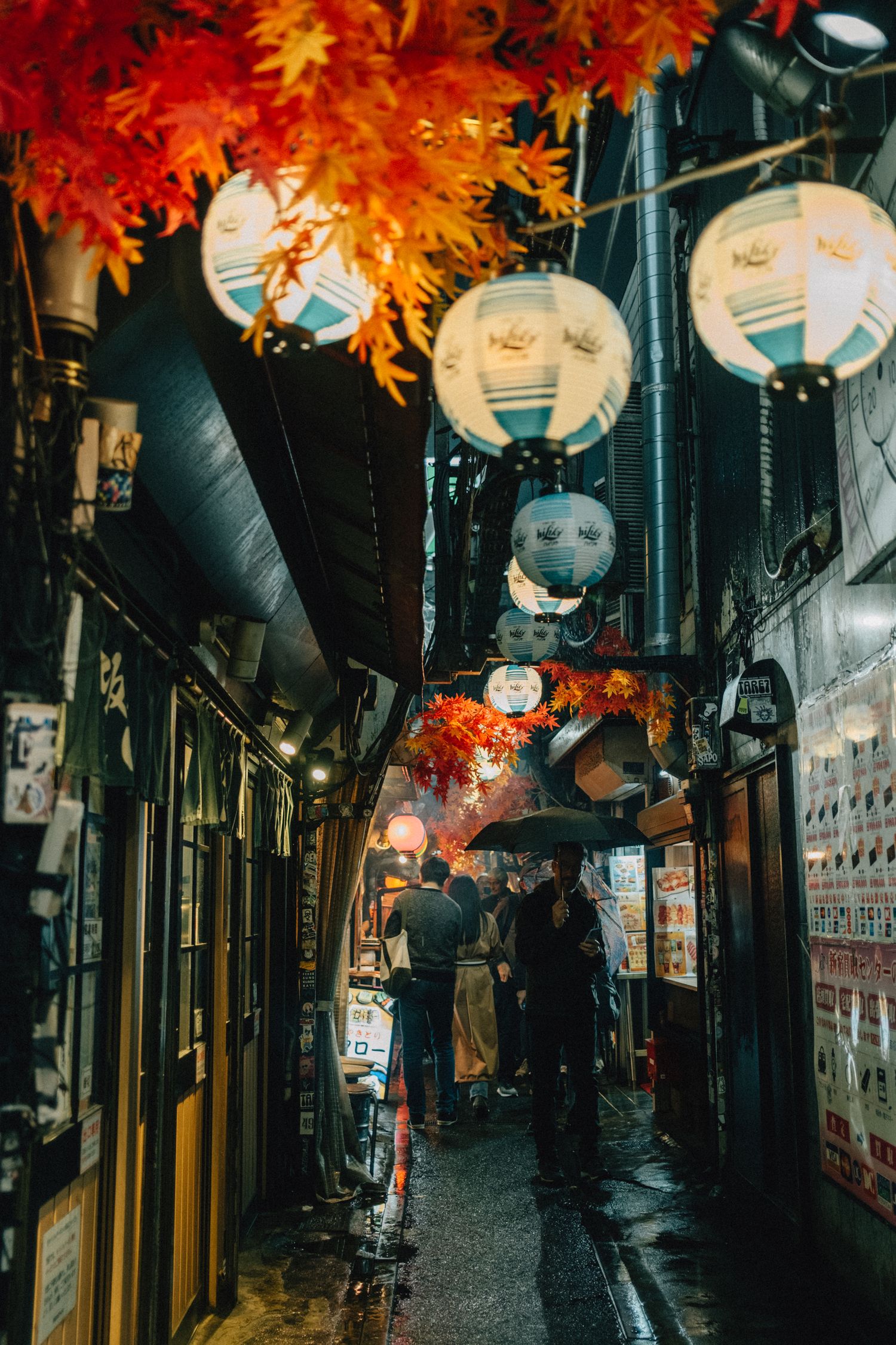 Atmospheric alleyway in Japan decorated with red autumn leaves and glowing paper lanterns.
