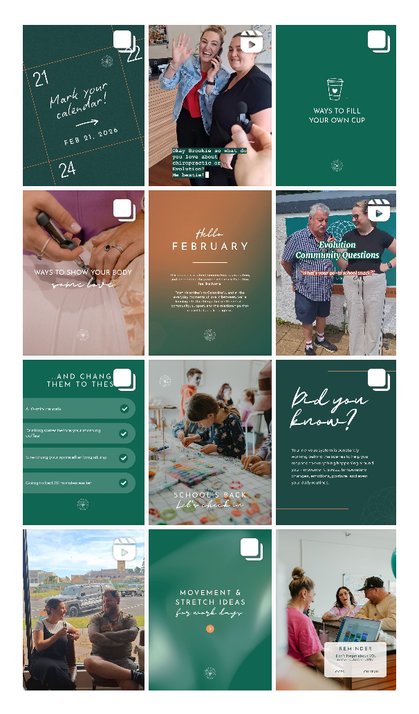 Social media grid for chiropractic clinic featuring green and brown wellness-themed posts with lifestyle images.
