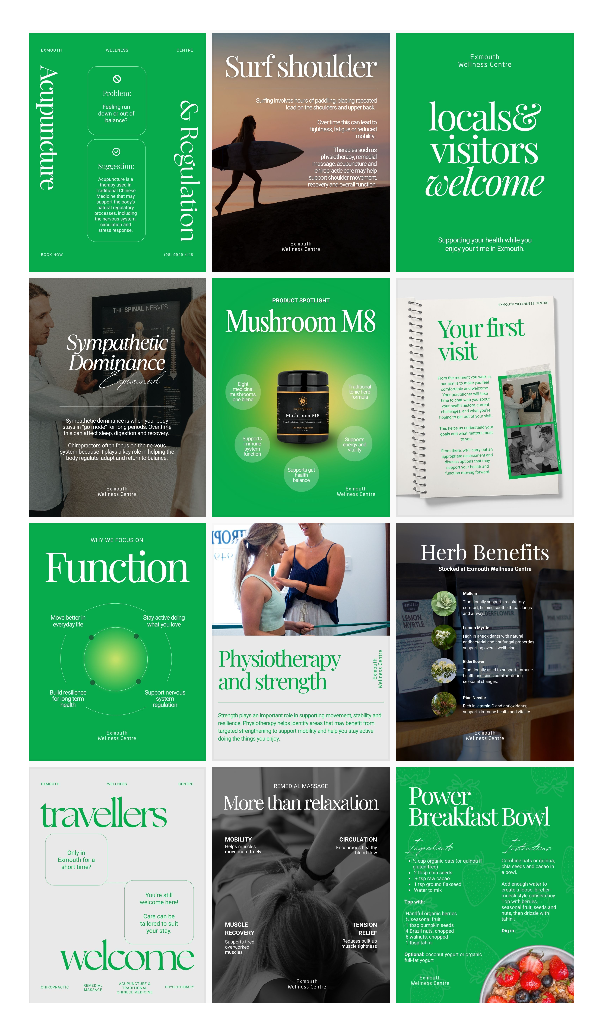 A modern design layout featuring green and white minimalist graphics with text overlays and lifestyle photography.