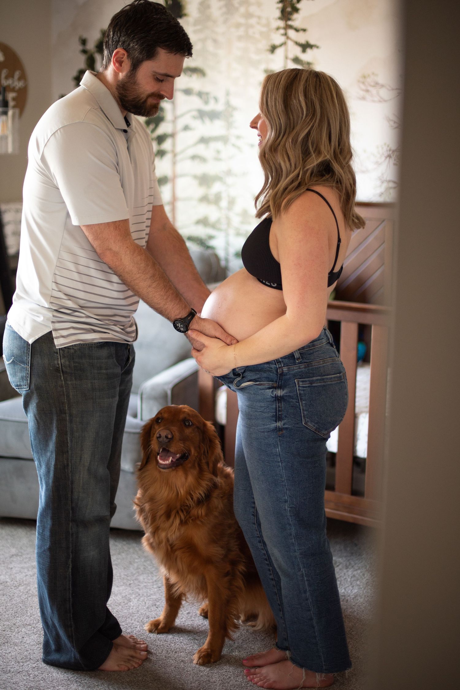 A couple stands with their golden retriever dog in a series of three connected photos showing affectionate interaction. Located in Salem, OR
