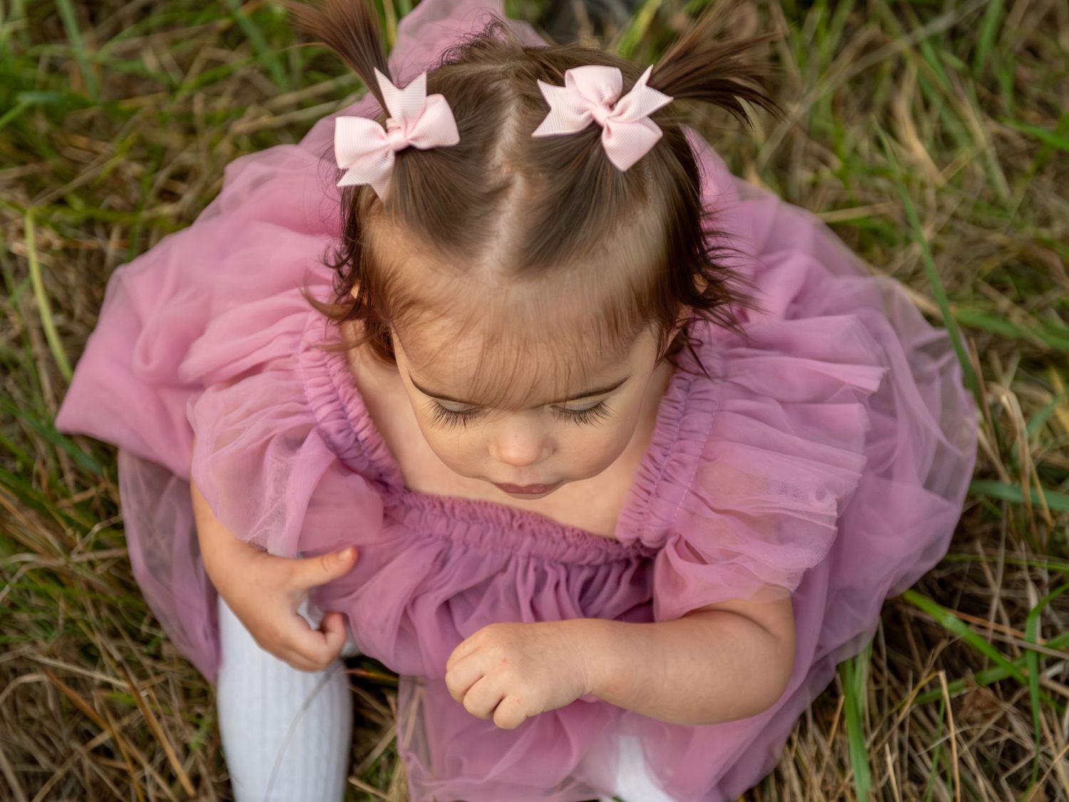 overhead image of toddler girl sitting in a grassy field with a pink dress and pink bows in her hair,  Location Salem, OR
