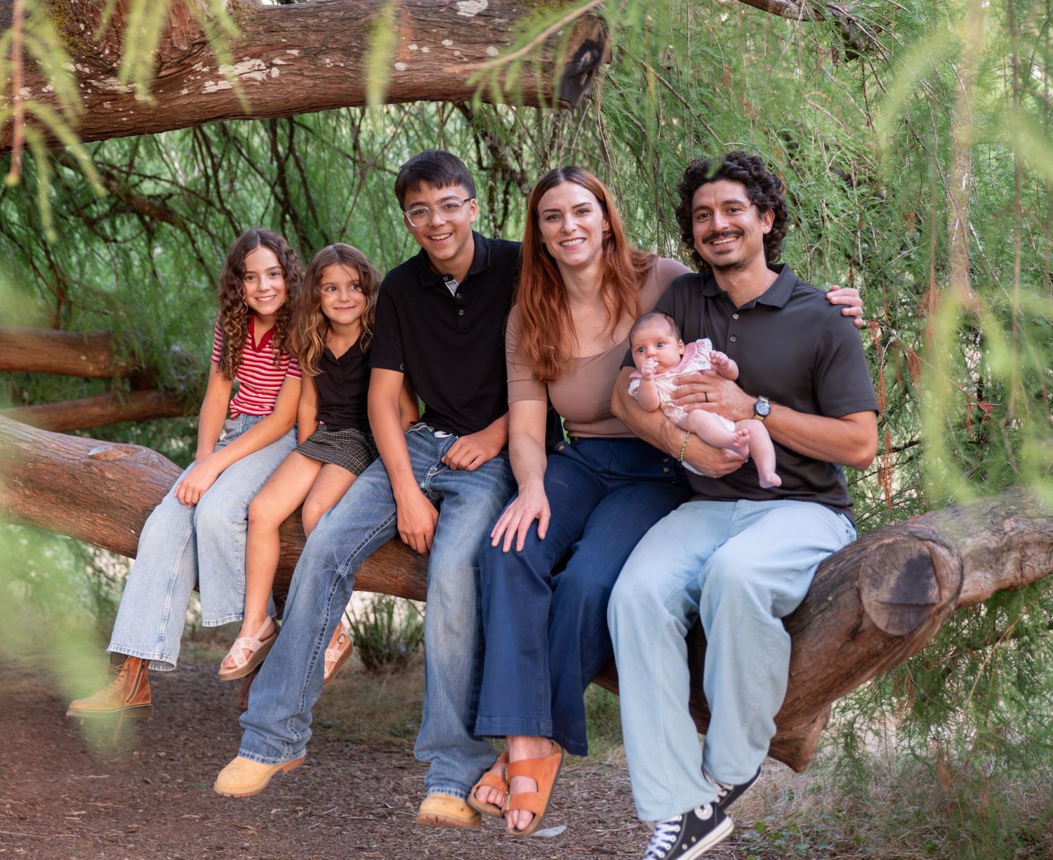 Family of six perched on a large willow tree branch, connecting and laughing. ages 14 to newborn. Salem., OR.