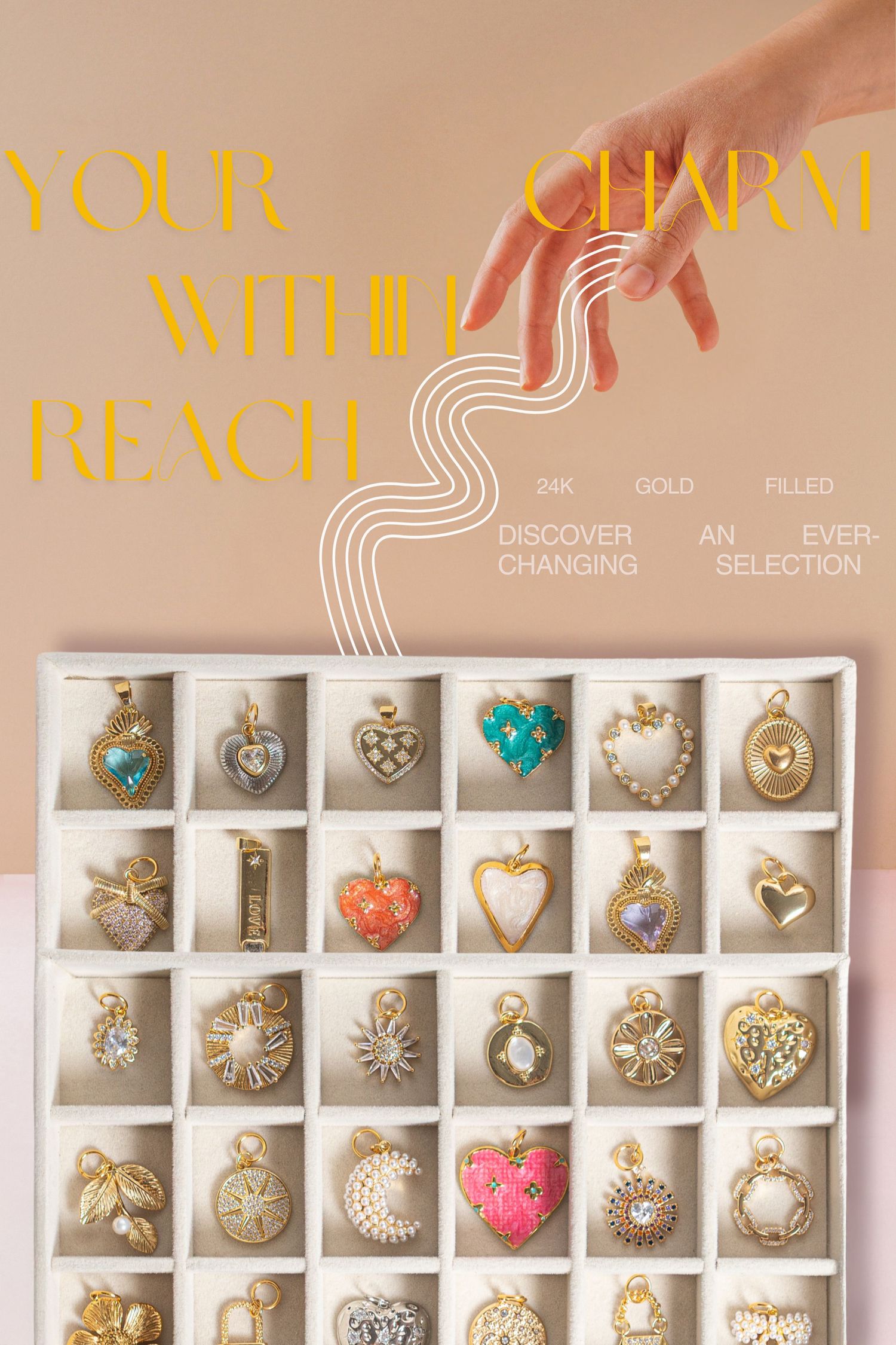 A digital graphic displaying a set of jewelry charms with bold wording that promotes the brand.