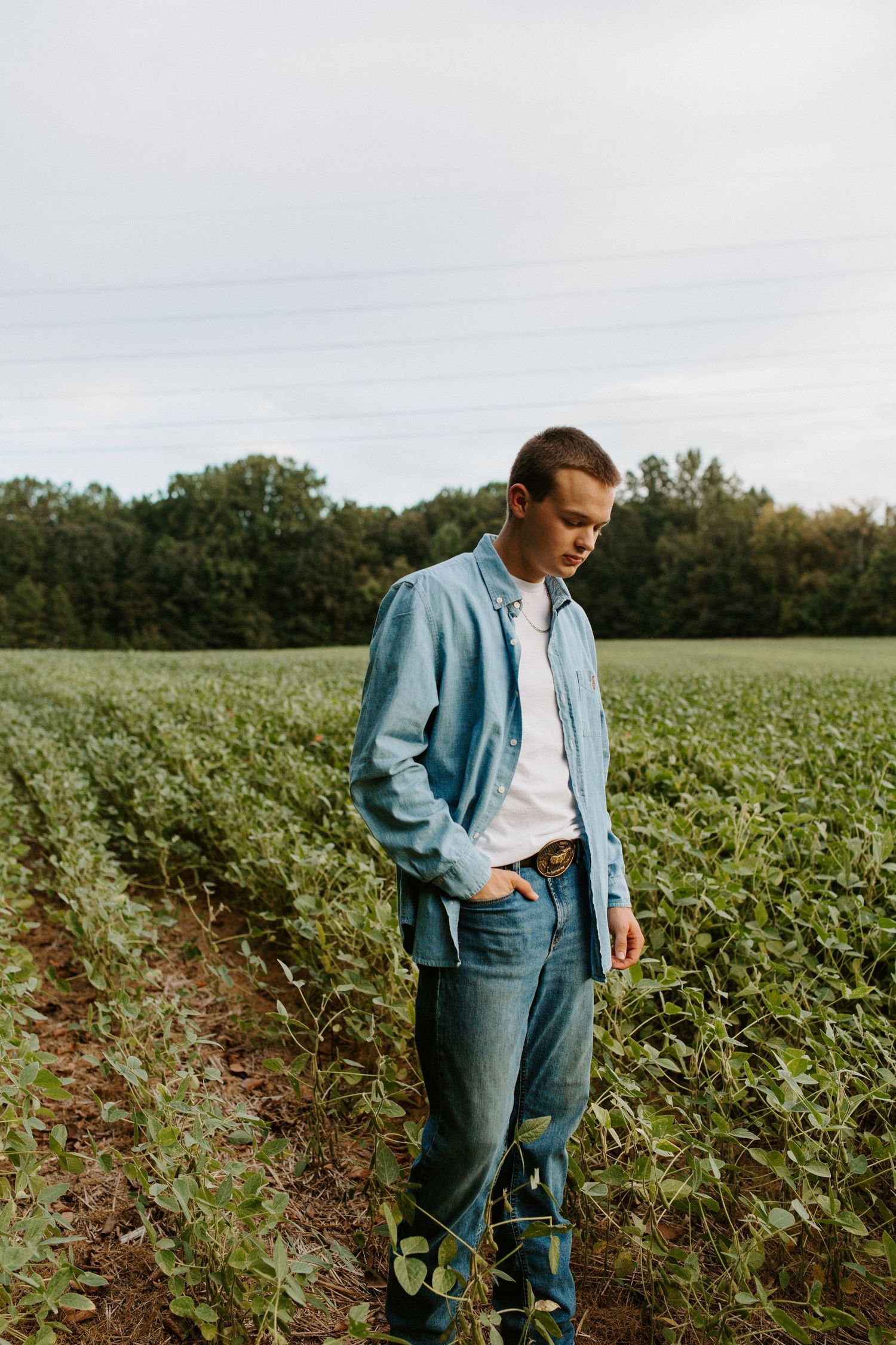 Person in denim outfit walks through lush green agricultural field on cloudy day.