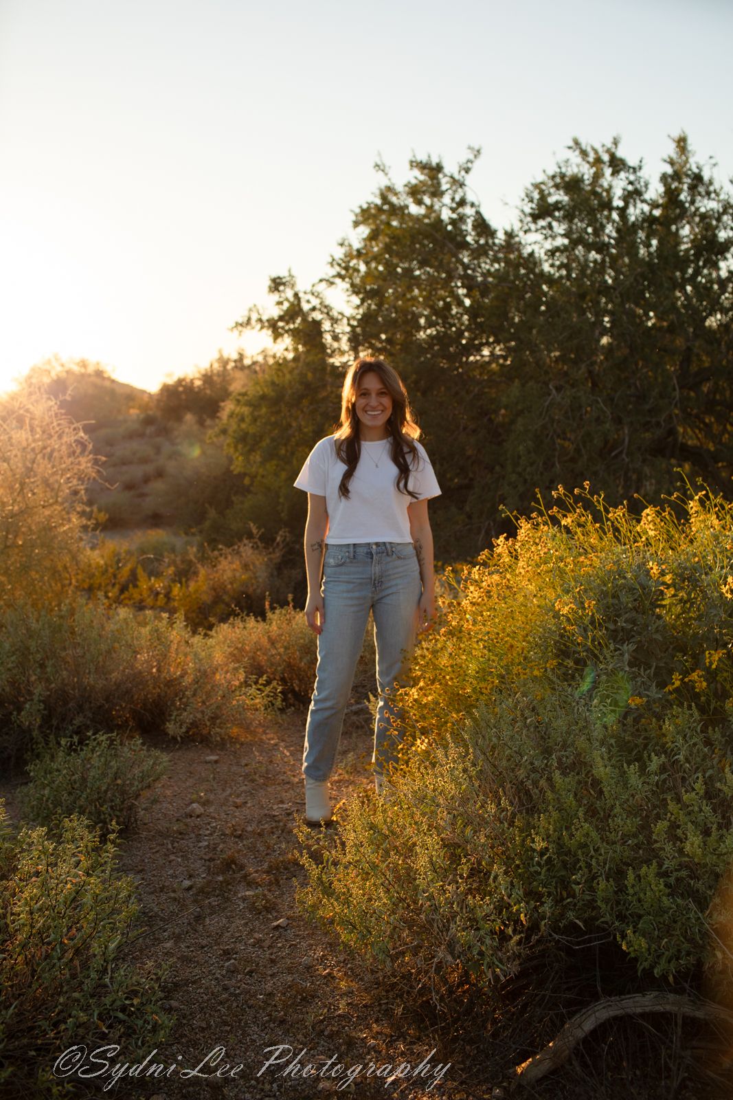 A figure stands among desert wildflowers and brush during a warm sunset in a natural landscape.