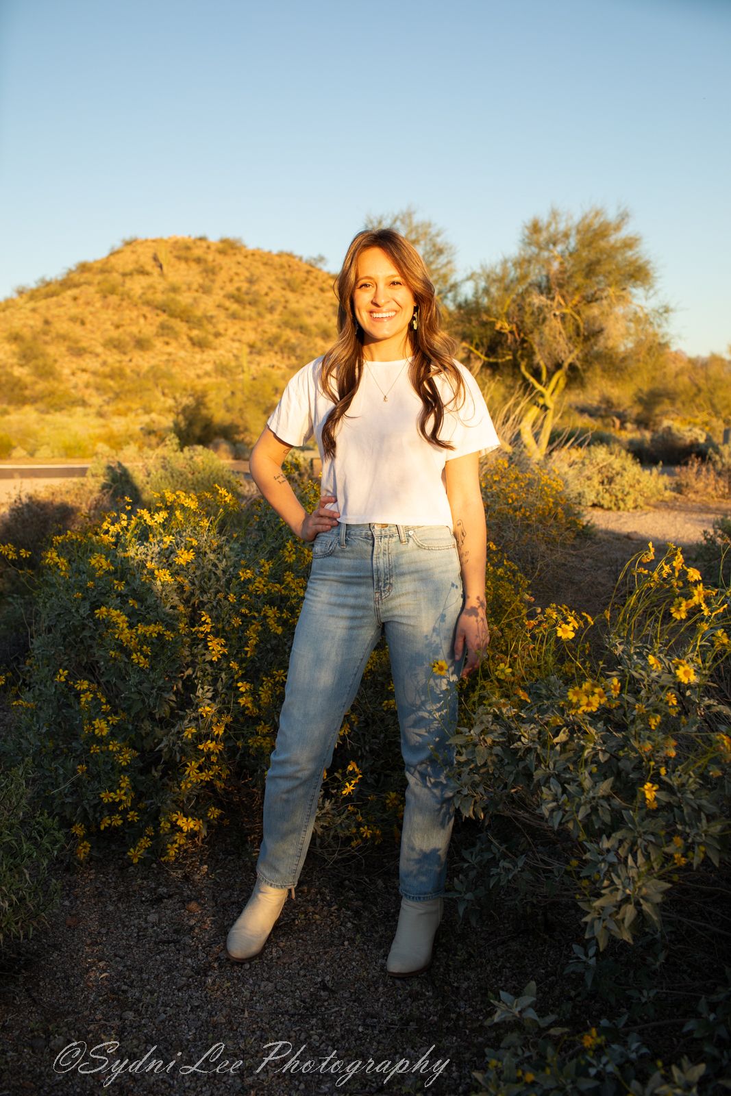 Person stands among desert wildflowers and cacti at golden hour in an Arizona desert landscape.