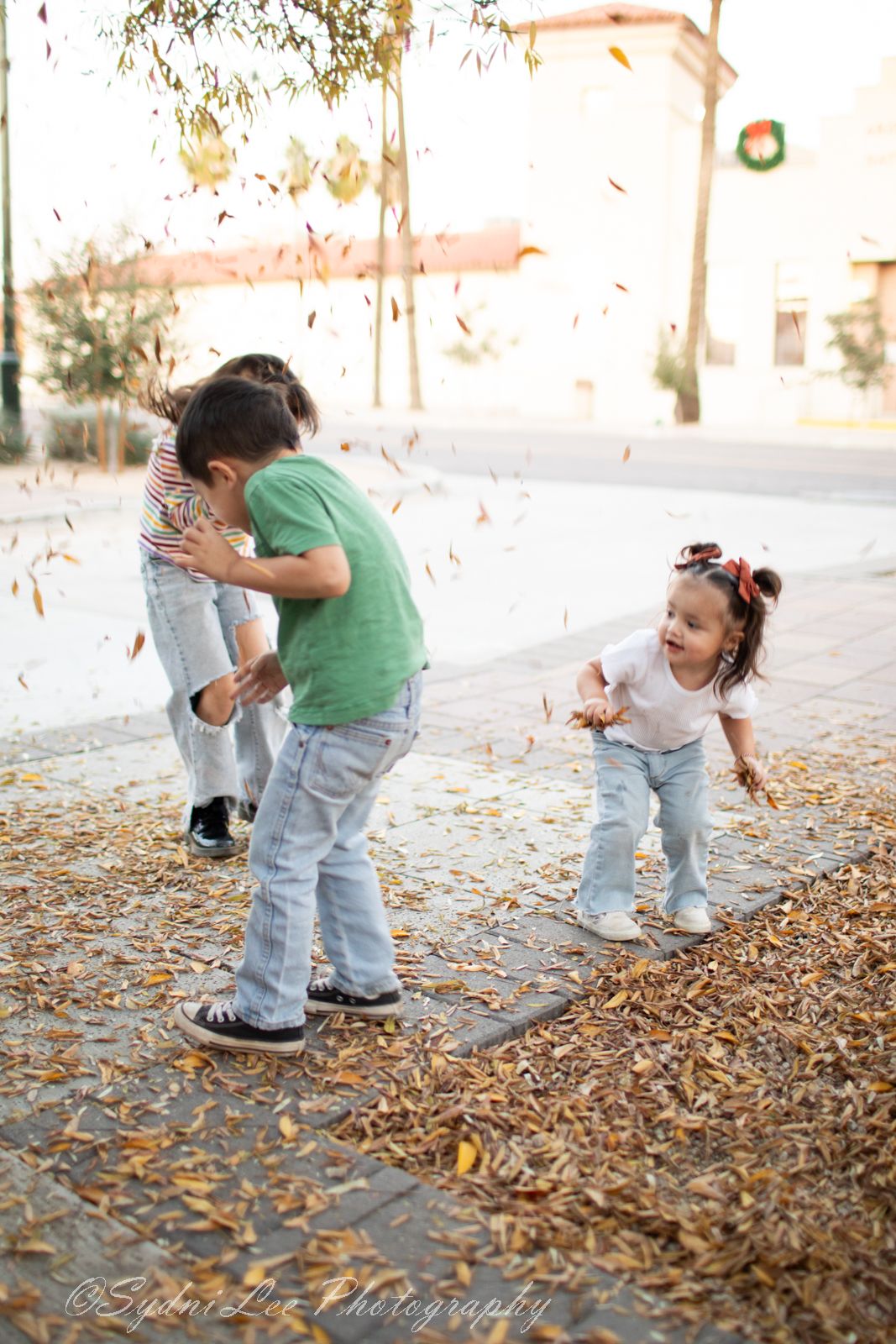 A sequence of playful moments captured in autumn as children gather and toss fallen leaves in the air in downtown Mesa, Arizona.