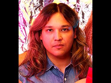 Artistic portrait with pink and white abstract background effects.