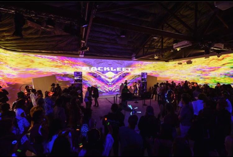 A dark concert venue illuminated with purple and pink lights showing silhouettes of people dancing and enjoying music.