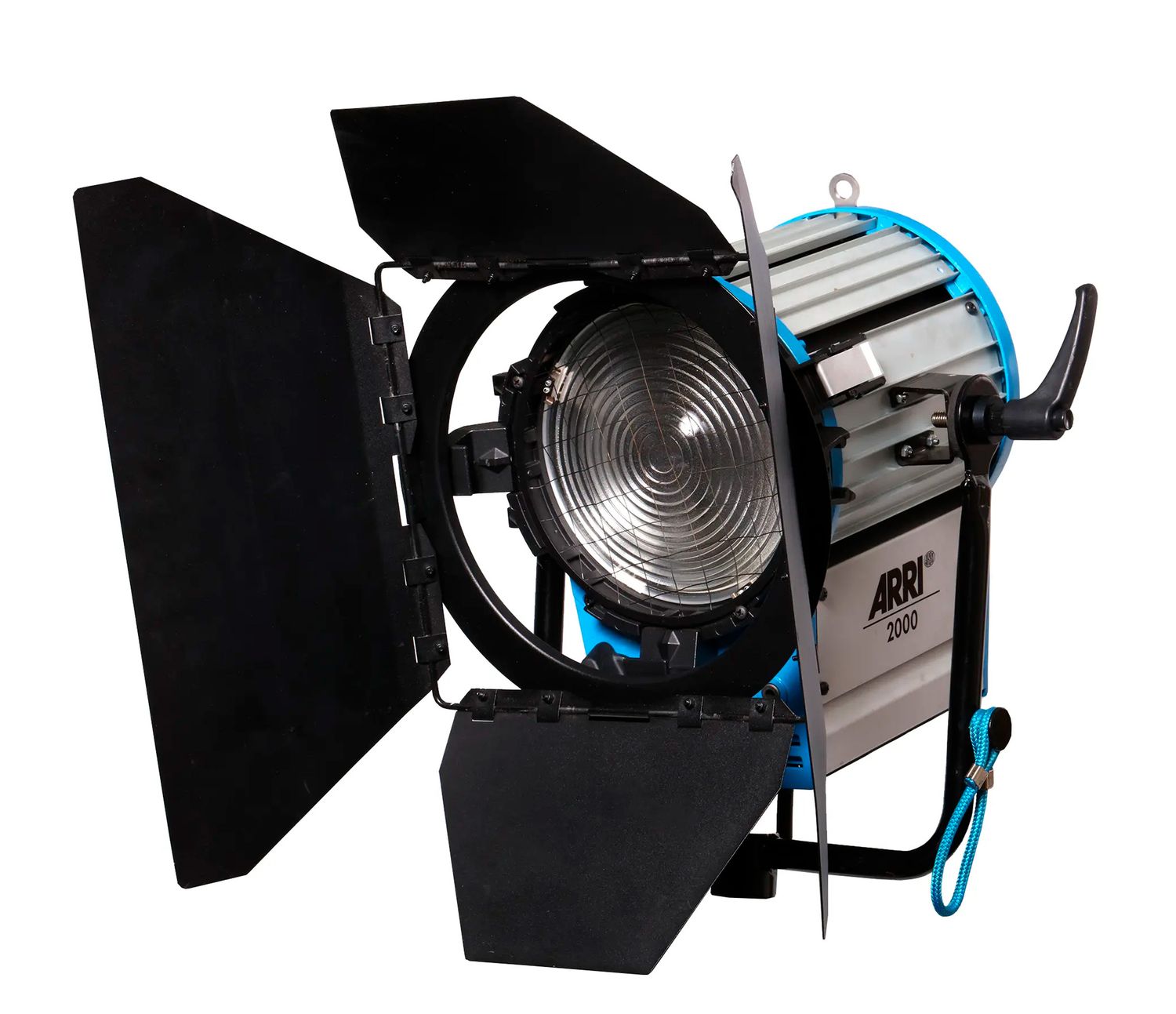 Professional film studio Fresnel light with barn doors and blue cooling system mounted on stand.
