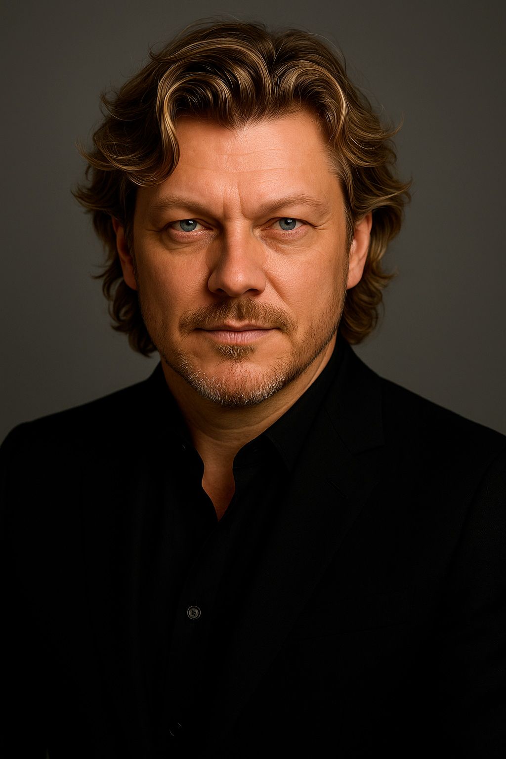 Dramatic side-lit portrait against dark background wearing black clothing.