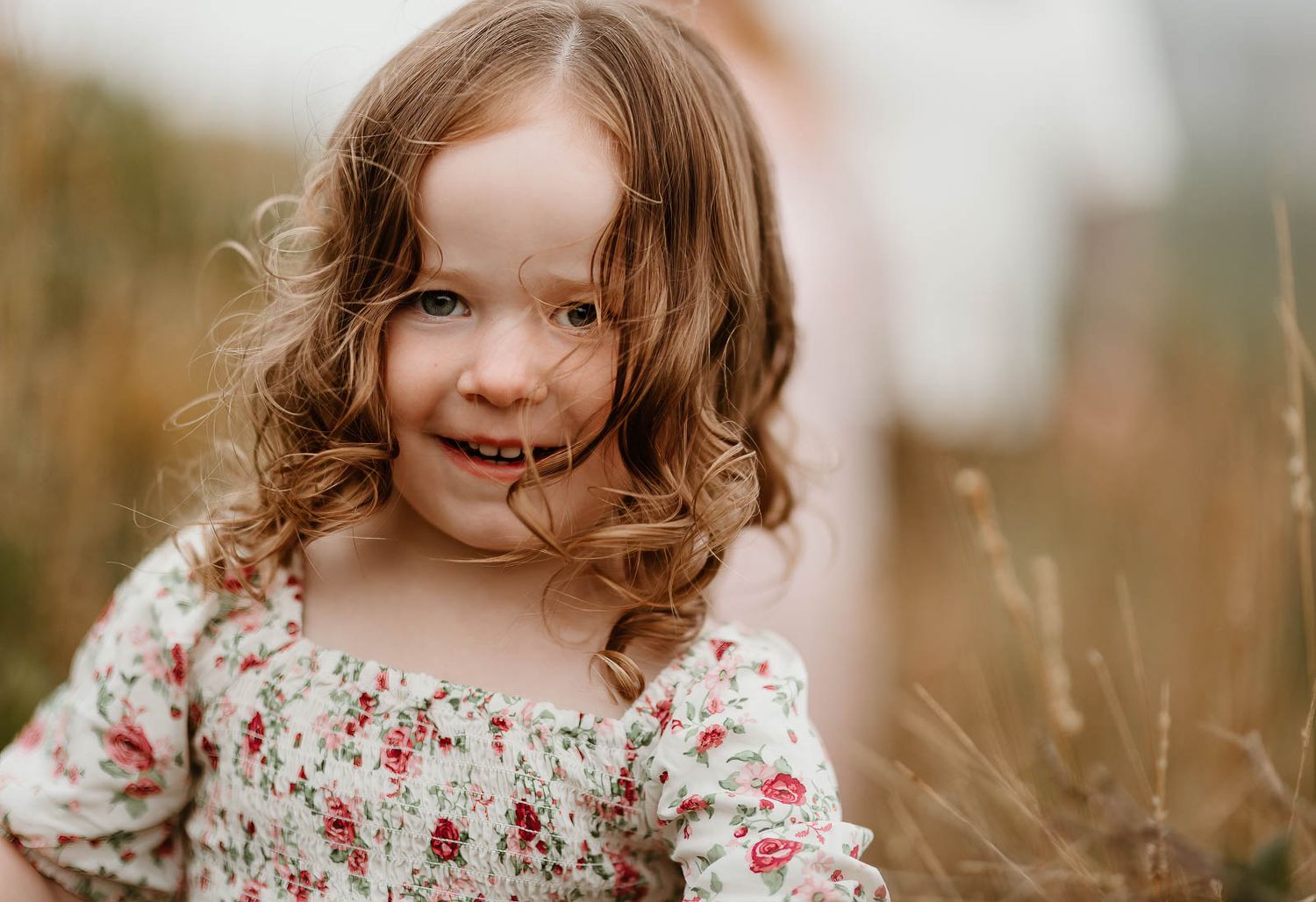 A series of outdoor portraits in tall grass showing a young child wearing a floral dress in warm autumn lighting.