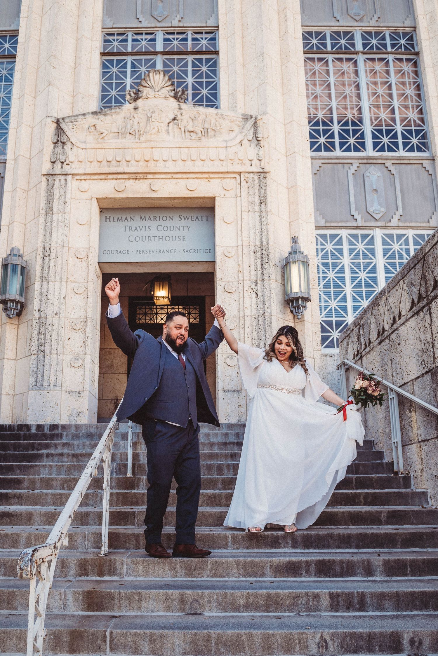 Four sequential wedding photos showing a couple celebrating and posing joyfully on church steps with a classic white dress.