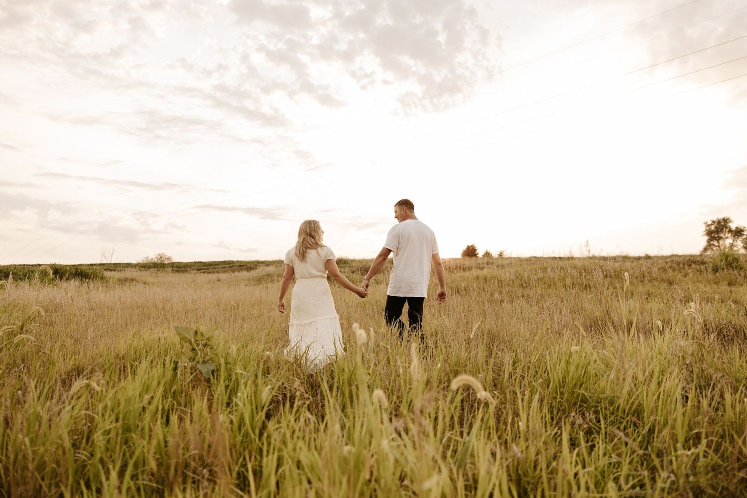 A couple walks their dog through a golden field at sunset creating a romantic silhouette against the warm sky.
