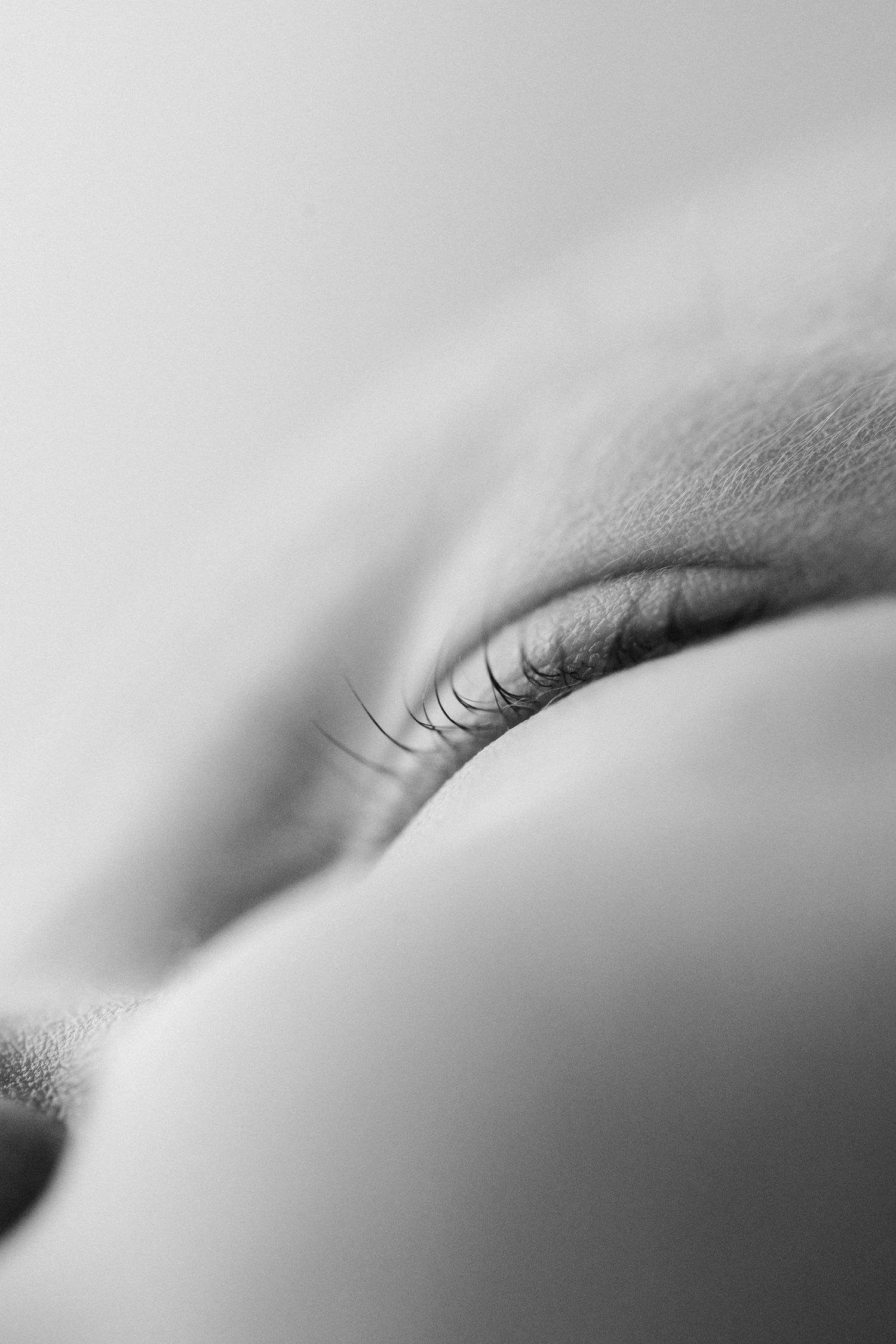 A close-up black and white macro photograph shows delicate eyelashes and skin texture in soft focus.