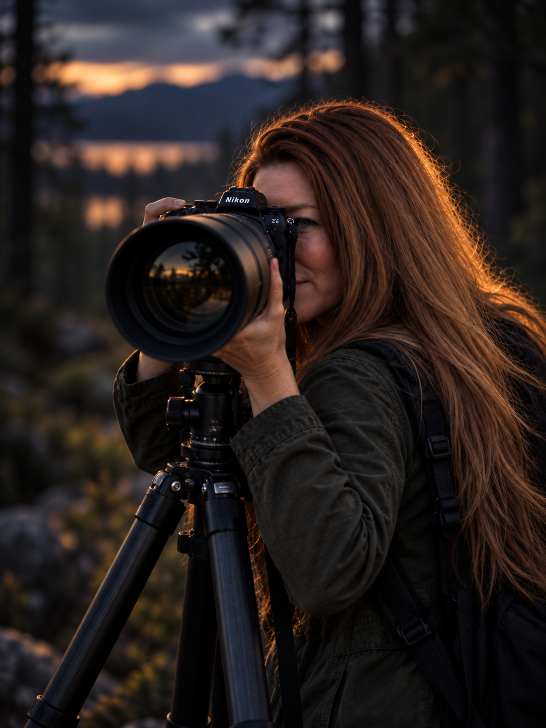 Lady with camera in woodland setting