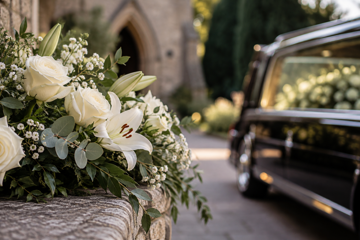 Funeral at church with flowers and hearse