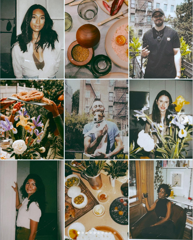 Collage of guest portraits and food details from an intimate dinner gathering