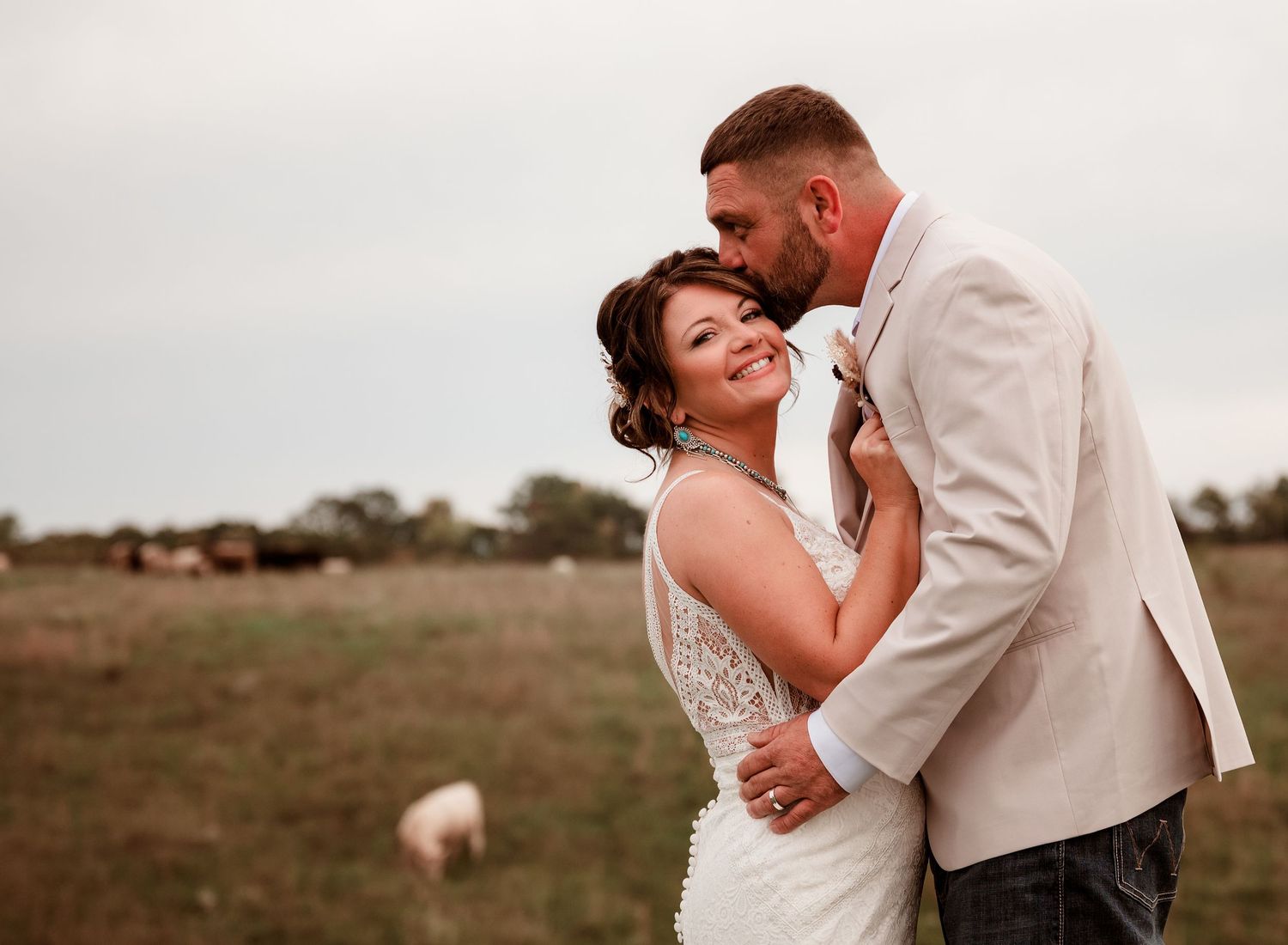 Bride and groom embracing in a field with cattle grazing in the background on their wedding day.