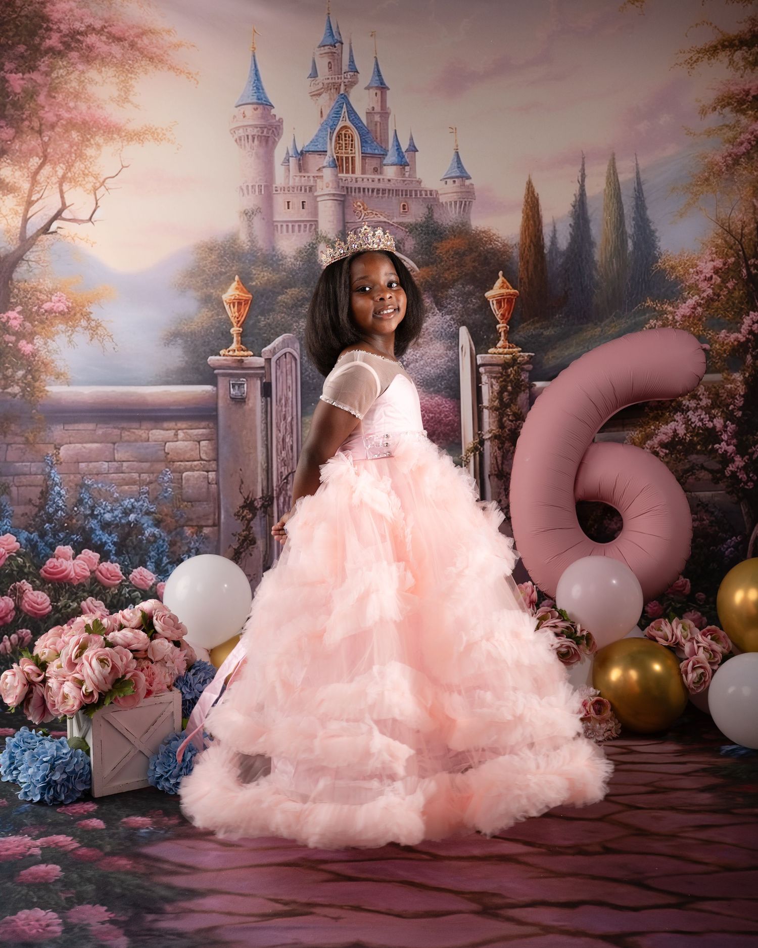 A young girl in a pink princess gown and tiara poses before a fairy tale castle backdrop with a number six.