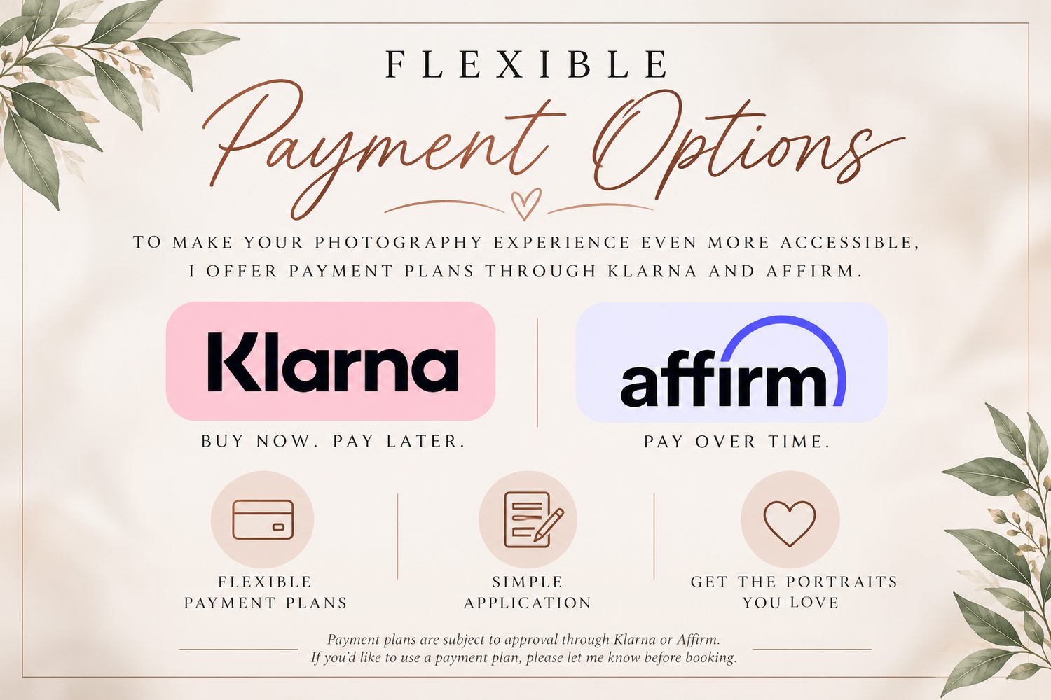Flexible photography payment options graphic featuring Klarna and Affirm logos with icons for payment plans, simple application, and portrai