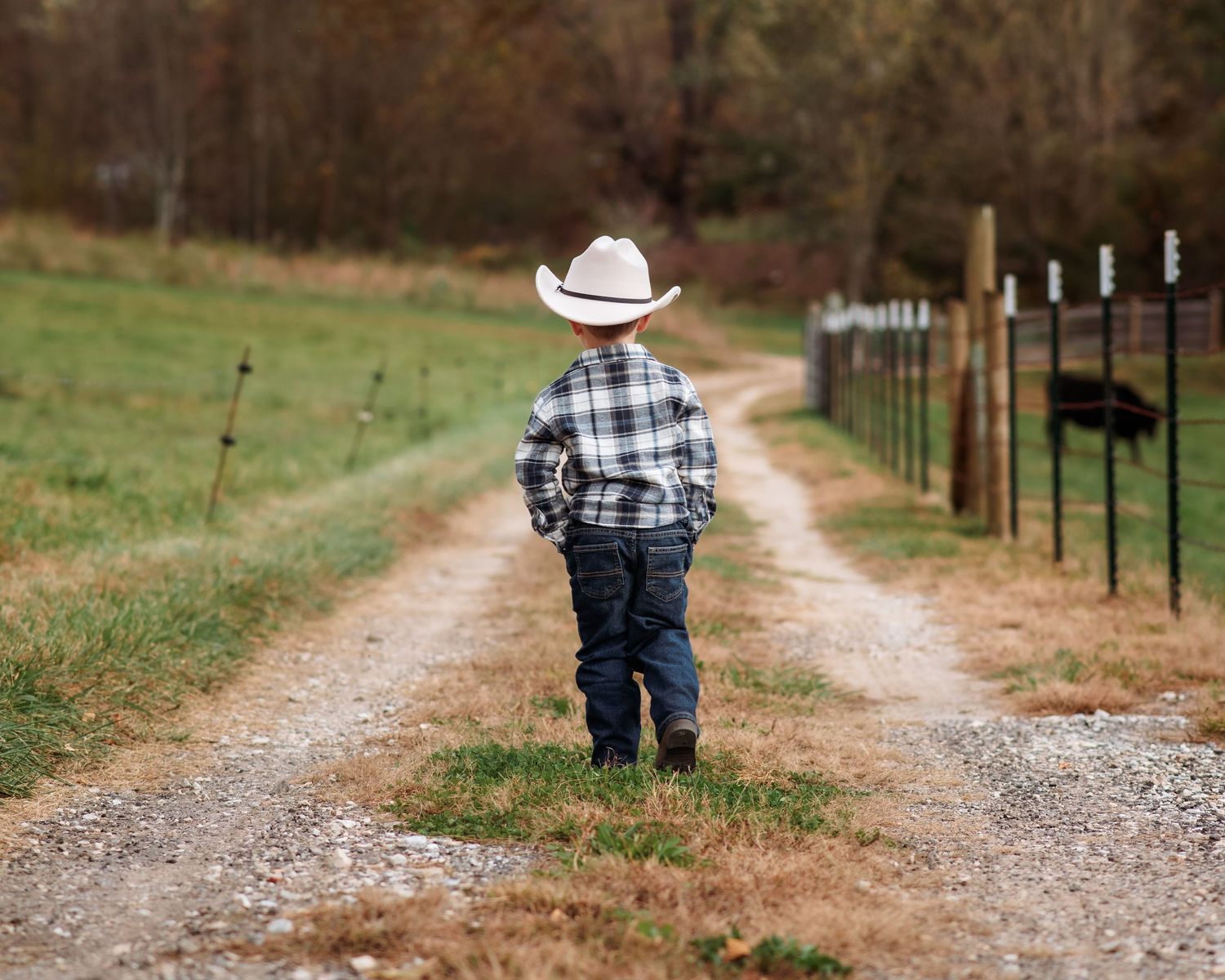 Young boy in cowboy hat and plaid shirt walking down rural gravel path with hands on hips.